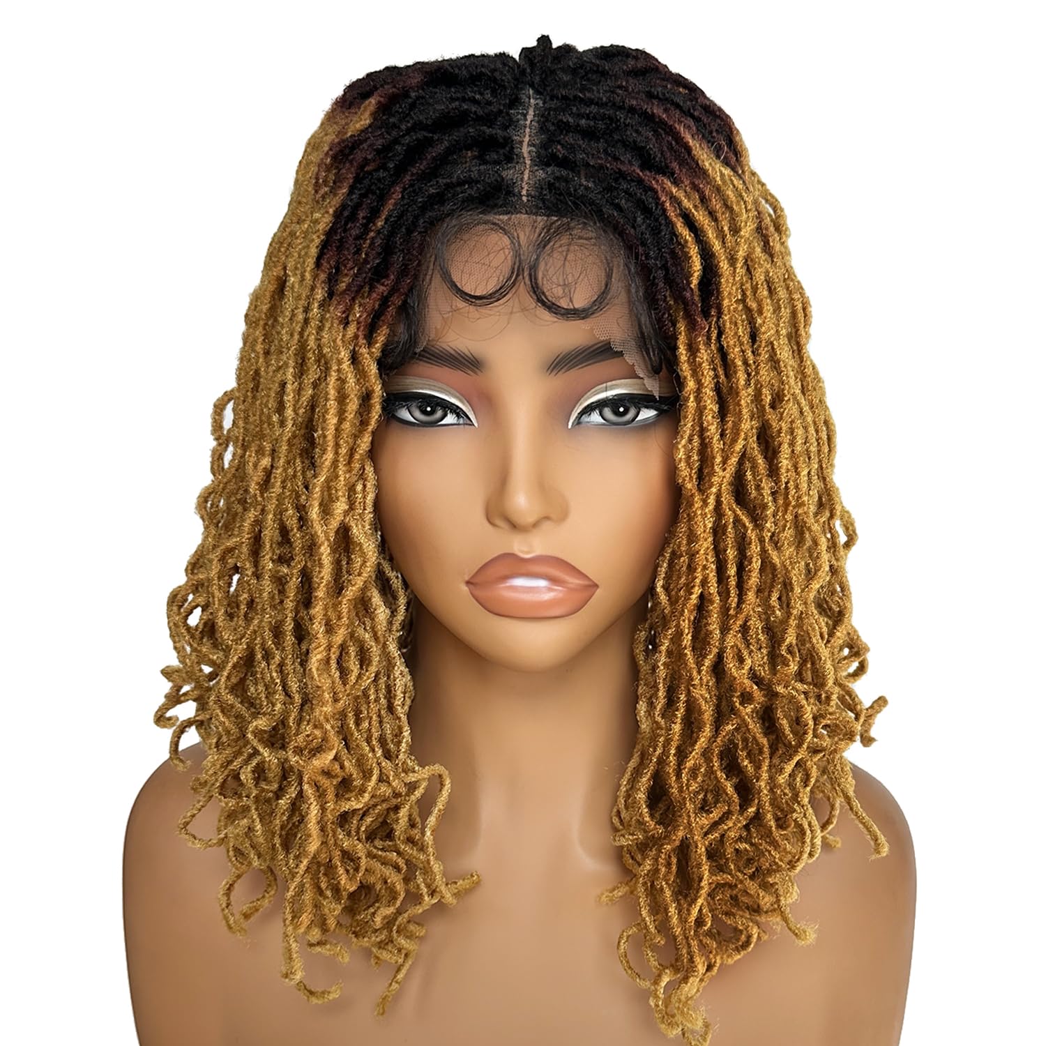 SOKU Short Curly Twist Faux Locs Wigs for Black Women 14 Inch Ombre Strawberry Blonde 4x4 Lace Frontal Dreadlock Wigs Afro Curly Braided Synthetic