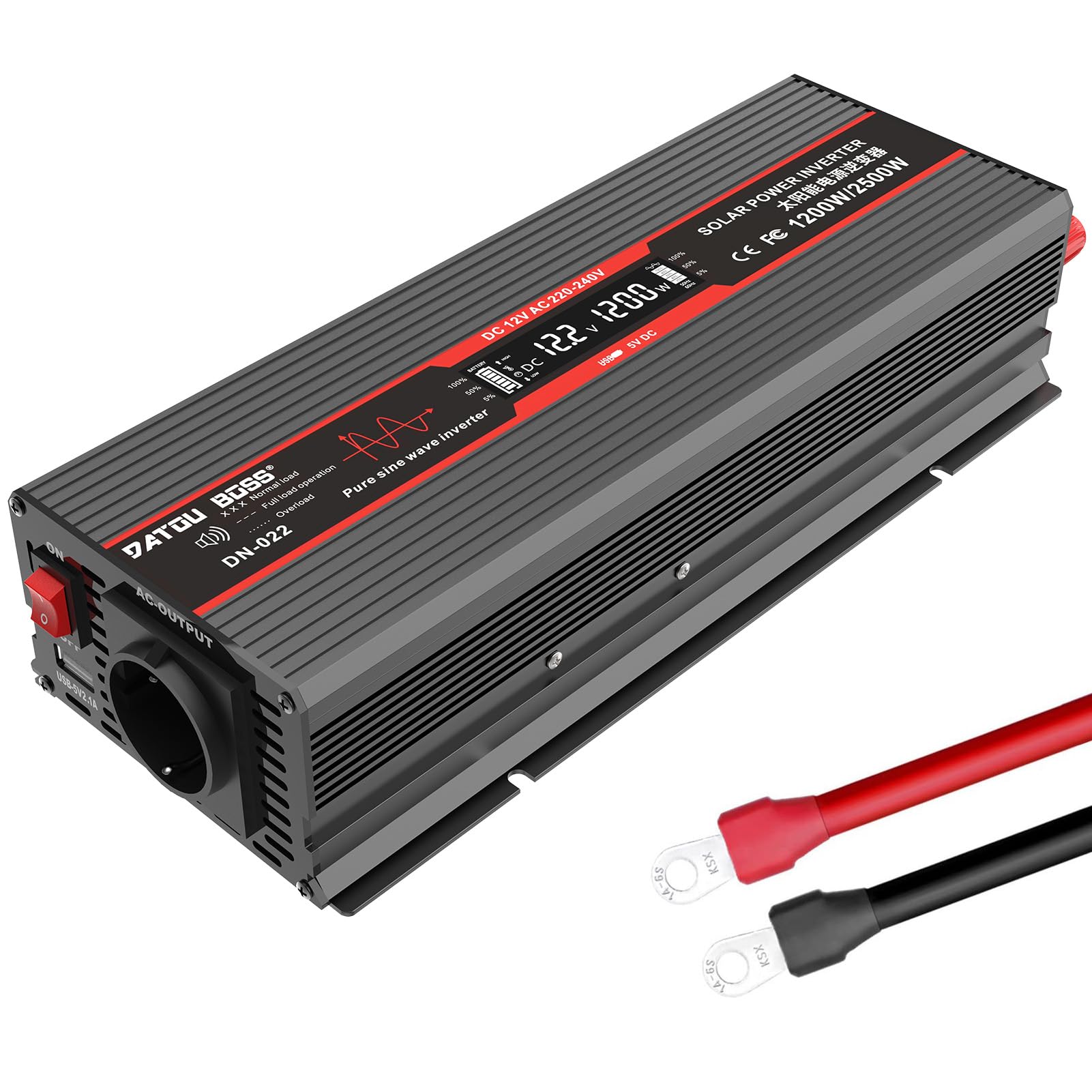 DATOUBOSS 1200W Inverter 12V to 230V Pure Sine Voltage Converter Peak Power 2500W with EU Plugs, USB Output and LED Indicator for Home Appliances Car Caravan Truck
