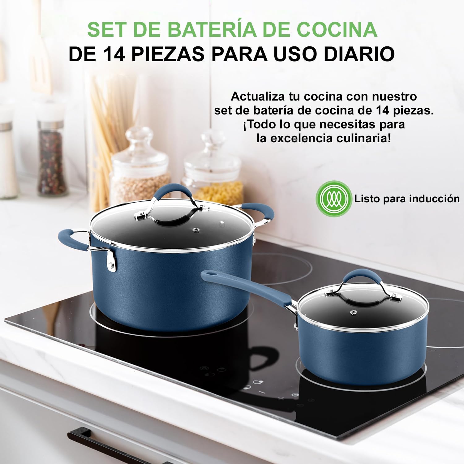 Nutrichef carote 14 piezas, Set de sartenes, Juego de ollas, Tapas, Utensilios, Antiadherentes, Libres de PFOA/PFOS, Color azul
