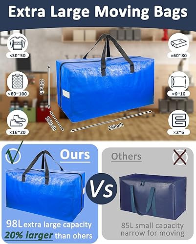 Miniatura 2 de Bolsas de mudanza extra grandes con asas fuertes, paquete de 6 bolsas de almacenamiento resistentes con cremallera suave, bolsa de almacenamiento de