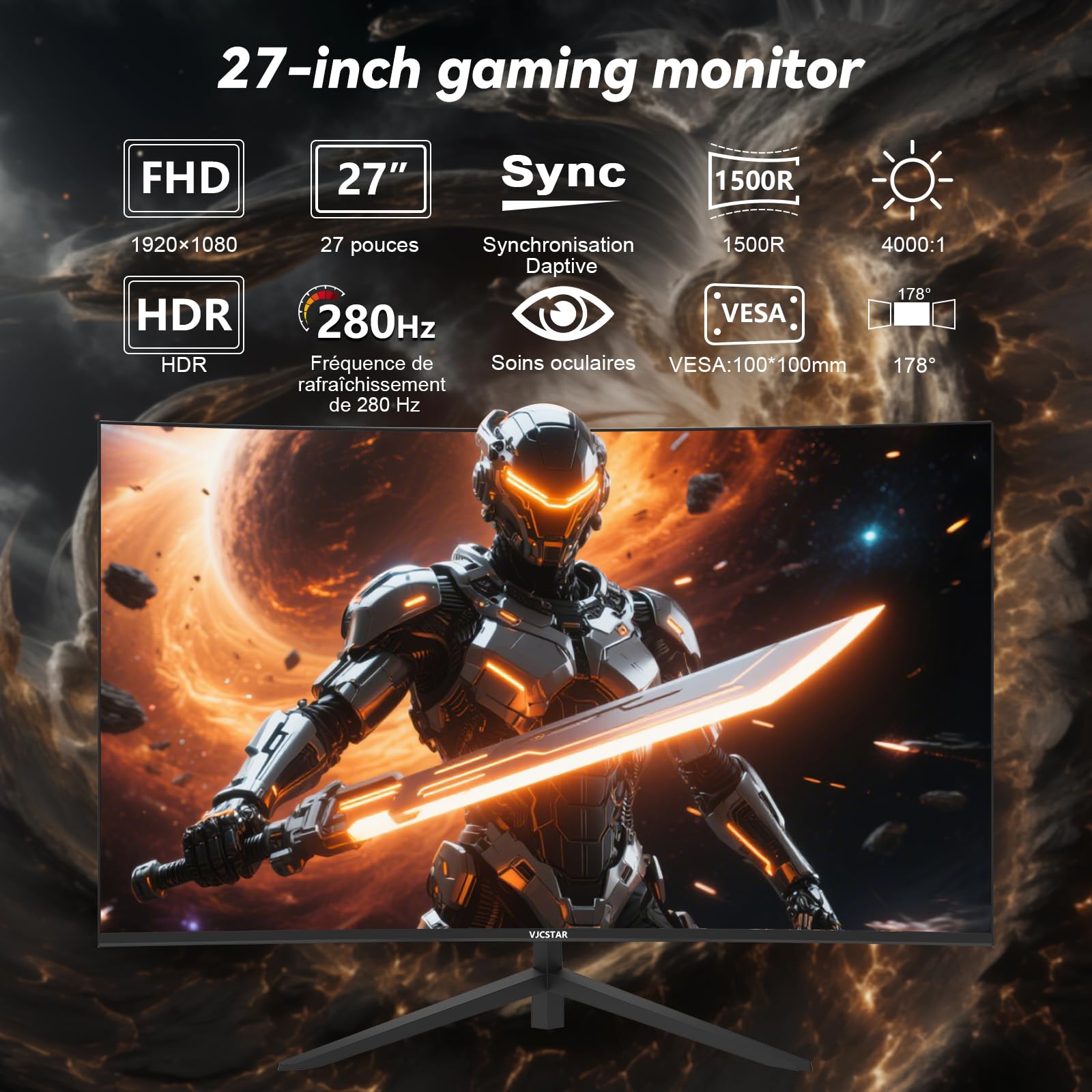 VJCSTAR Écran PC Gamer Incurvé QLED 27 Pouces, 280 Hz, FHD 1080p, 1 ms