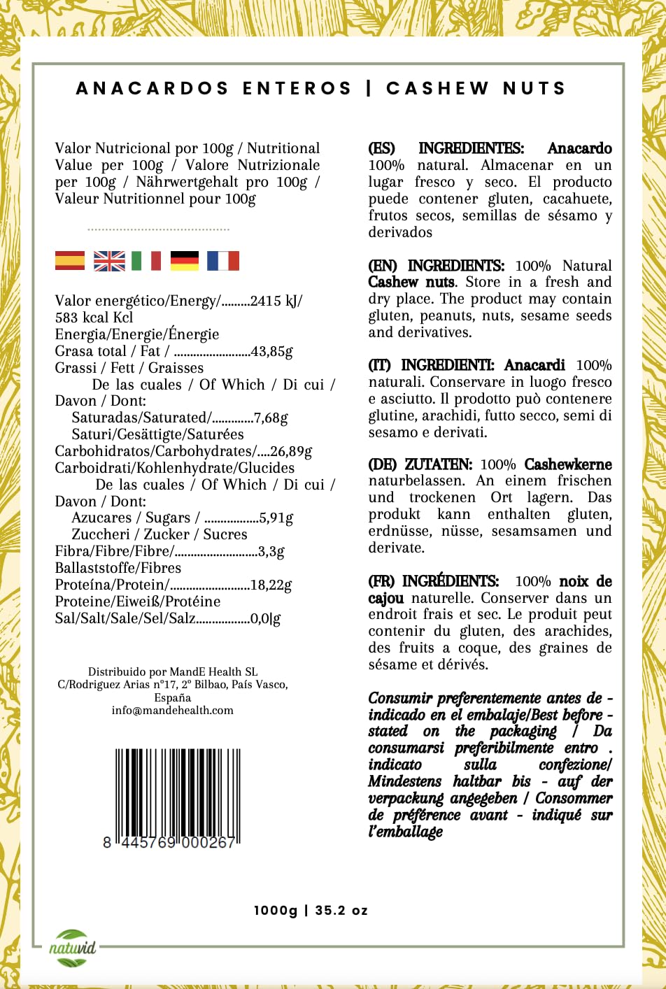 Natuvid Anacardi al Naturale (Interi) | 100% Pura Qualità Cruda (Non Tostati & Non Salati) | Ideali per Cucina Vegana, Formaggi Vegetali & Salse | Vegan