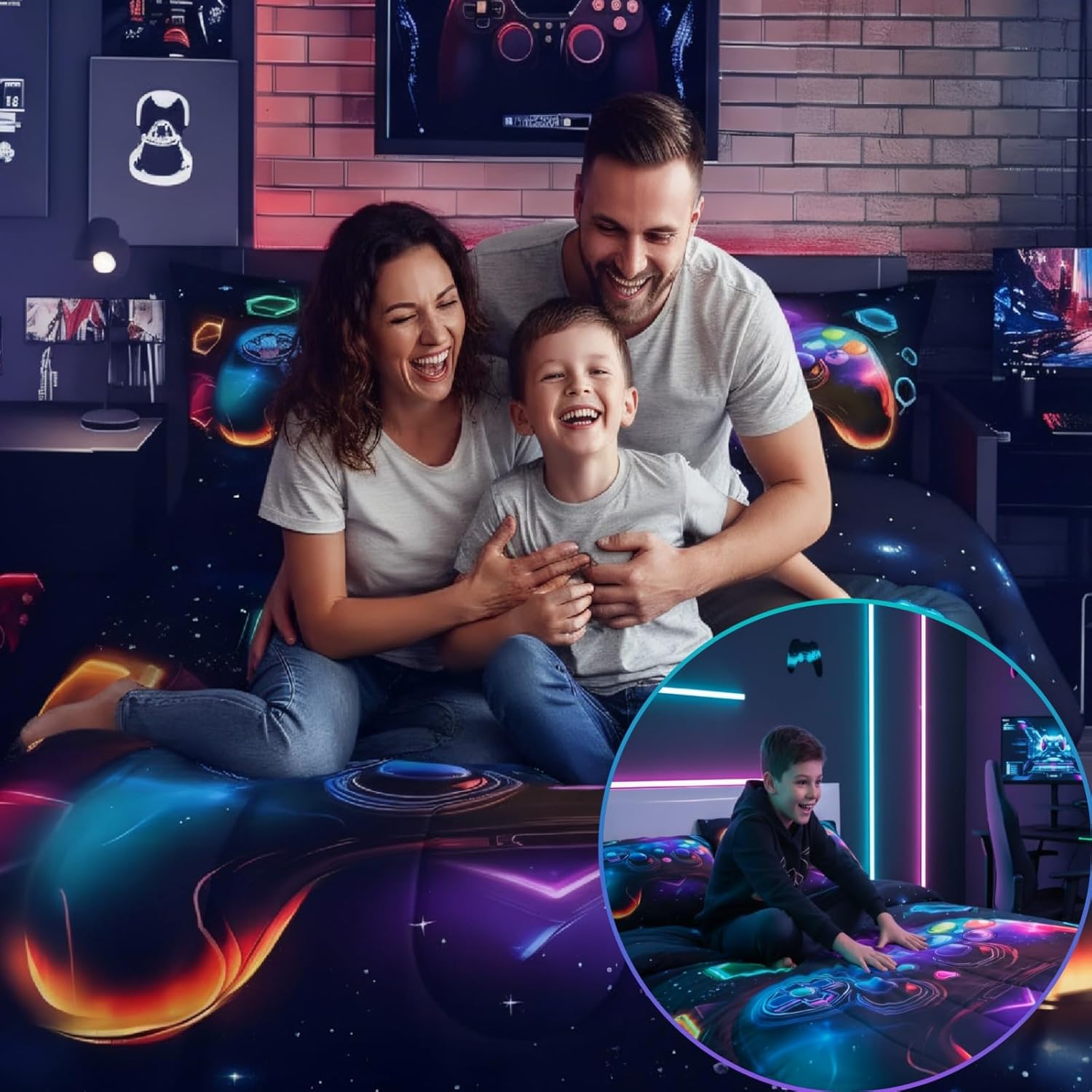 Erosebridal Game Consoles Boys Comforter Sets Twin Gamer Gifts,Gamer Twin Bedding Sets for Boys Space Glow Geometric Kids Comforter Set Red Green Blue Teal,Gaming Room Decor - Image 6