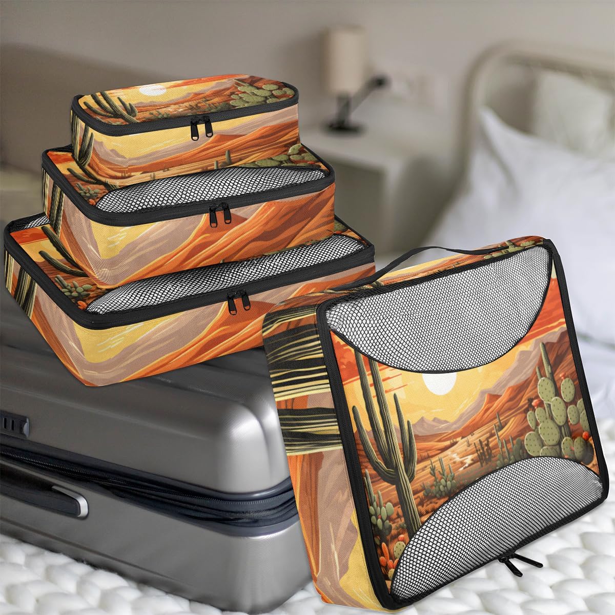 Desert Cactus Sun 4 Set Packing Cubes Packing Cubes for Women Lightweight Travel Essential Bag Clothes Carry on Suitcase Bags for Accessories Essentials