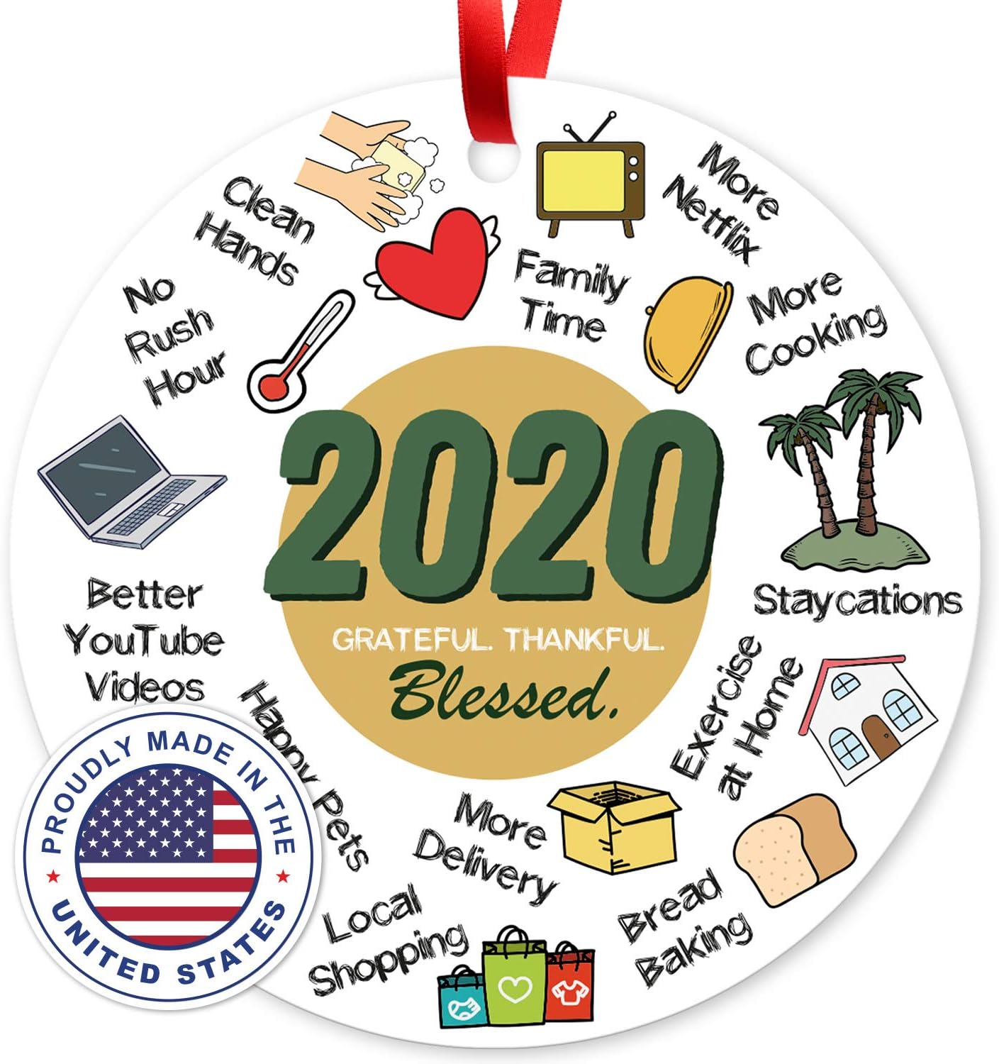 Soul Décor 2020 Christmas Ornaments, Grateful Thankful Blessed, Great Tree Decoration, Large 3.75" Round Metal Ornament, Velvet Pouch Included