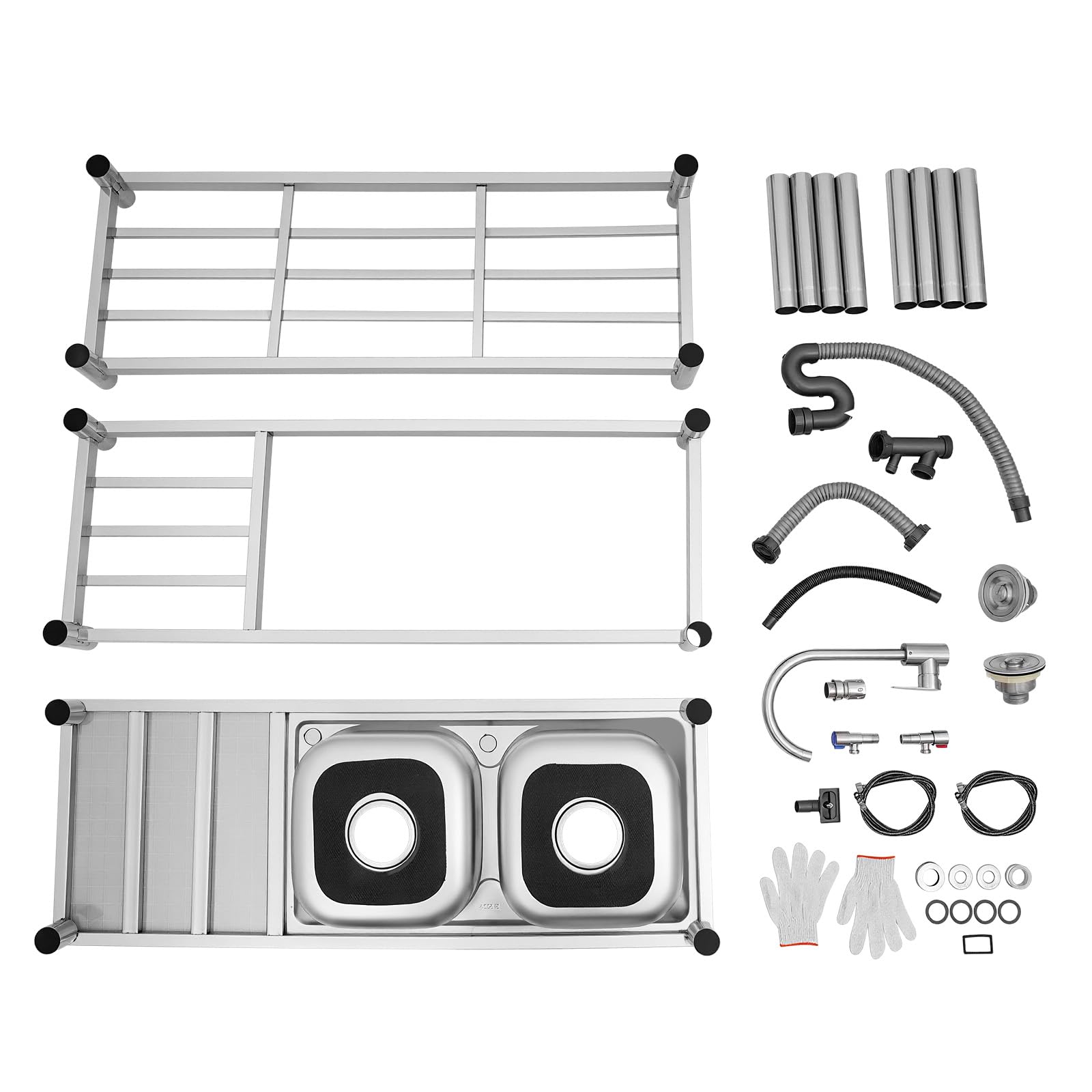 Lavello autoportante in acciaio inox, 2 vasche a 3 livelli, lavello da cucina in acciaio inox, autoportante, lavello commerciale, 120 x 45 x 80 cm, per cucina, garage, lavanderia, ristorante