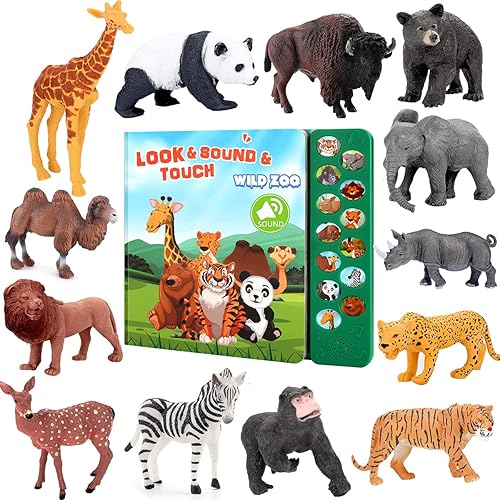 Juguetes de figuras de animales de safari, 13 figuras realistas de animales salvajes y libro de sonido para niños, juguetes educativos de