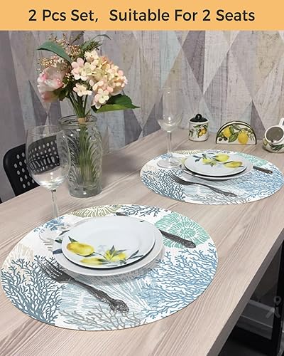 Miniatura 5 de Manteles individuales redondos náuticos costeros coral de 15 pulgadas para mesas de comedor, manteles individuales con temática de playa azul y