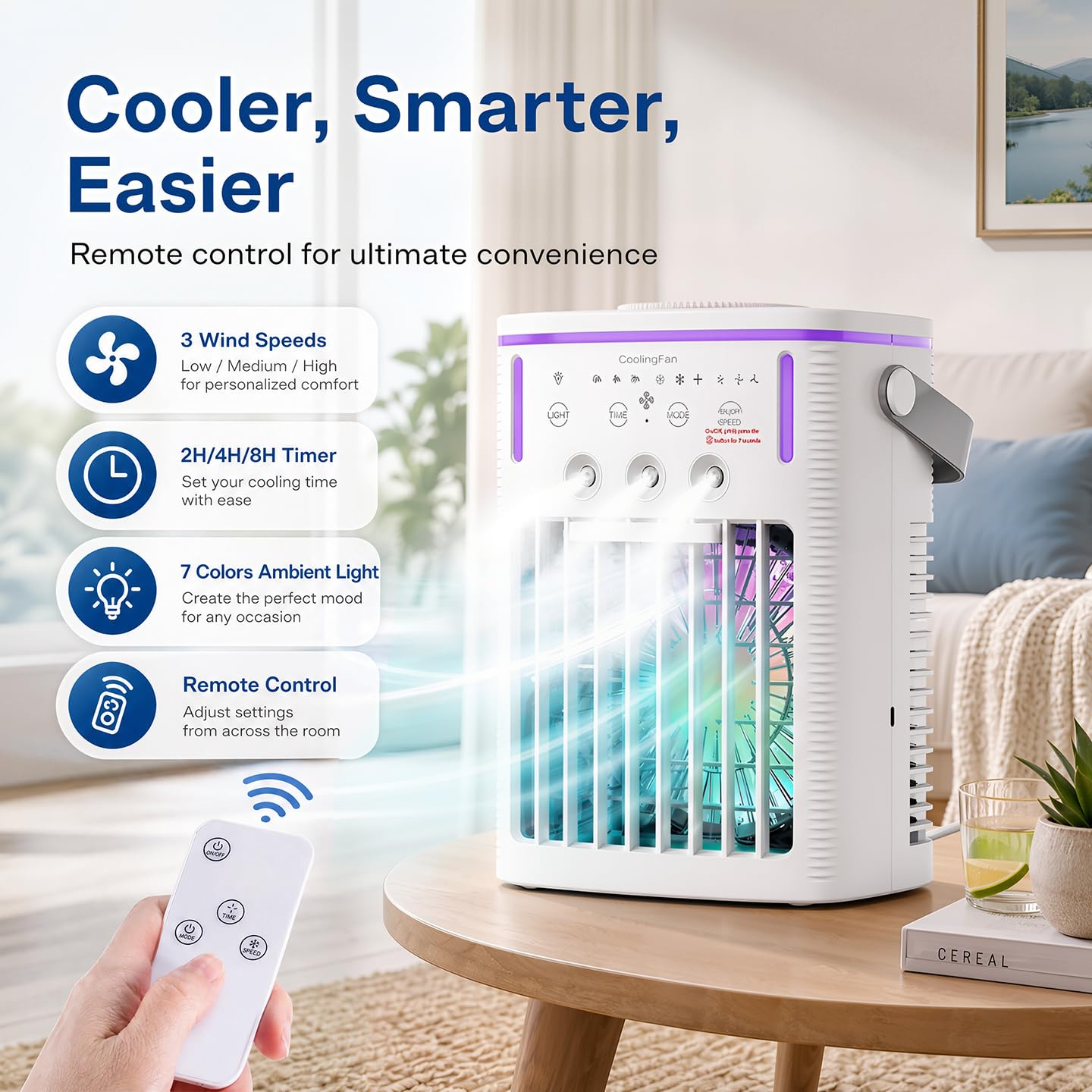 Klimaanlage Mobil,6 in 1 Mobiles Klimagerät,1000ml Mobile Klimaanlage mit Fernbedienung, 3 Geschwindigkeiten, 3 Nebelmodi, Typ-C,7 Farben Licht, 2-8H Timer, Tragbarer Klimaanlage für Zimmer/Büro