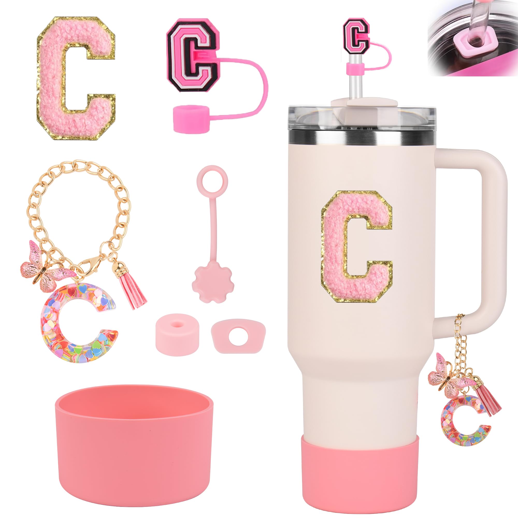 Stanley Cup Accessories Set for Stanley Cup 30oz 40oz, Stanley Tumbler Accessories Including Silicone Straw Cover Cap and Boot, Spill Proof Stopper, Cute Letter Keychain Handle Charm, Sticker (C)