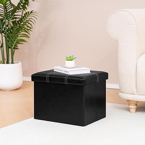 Miniatura 10 de B FSOBEIIALEO Otomana de almacenamiento con cuero sintético plegable pequeño reposapiés cuadrados mesa de café negro 11.8 x 11.8 x 11.8 pulgadas