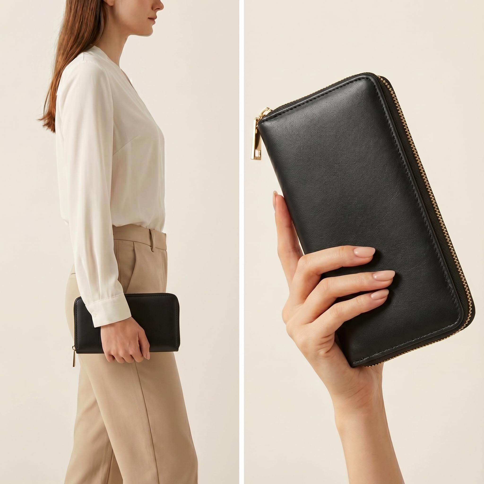 MillyMilk® Leder Geldbörse Groß Pura – Damen Portemonnaie Clutch mit Handyfach – Gepolsterte Kunstleder Brieftasche Vegan mit Vielen Fächern für 16 Karten, Münzen & Scheine (SCHWARZ)