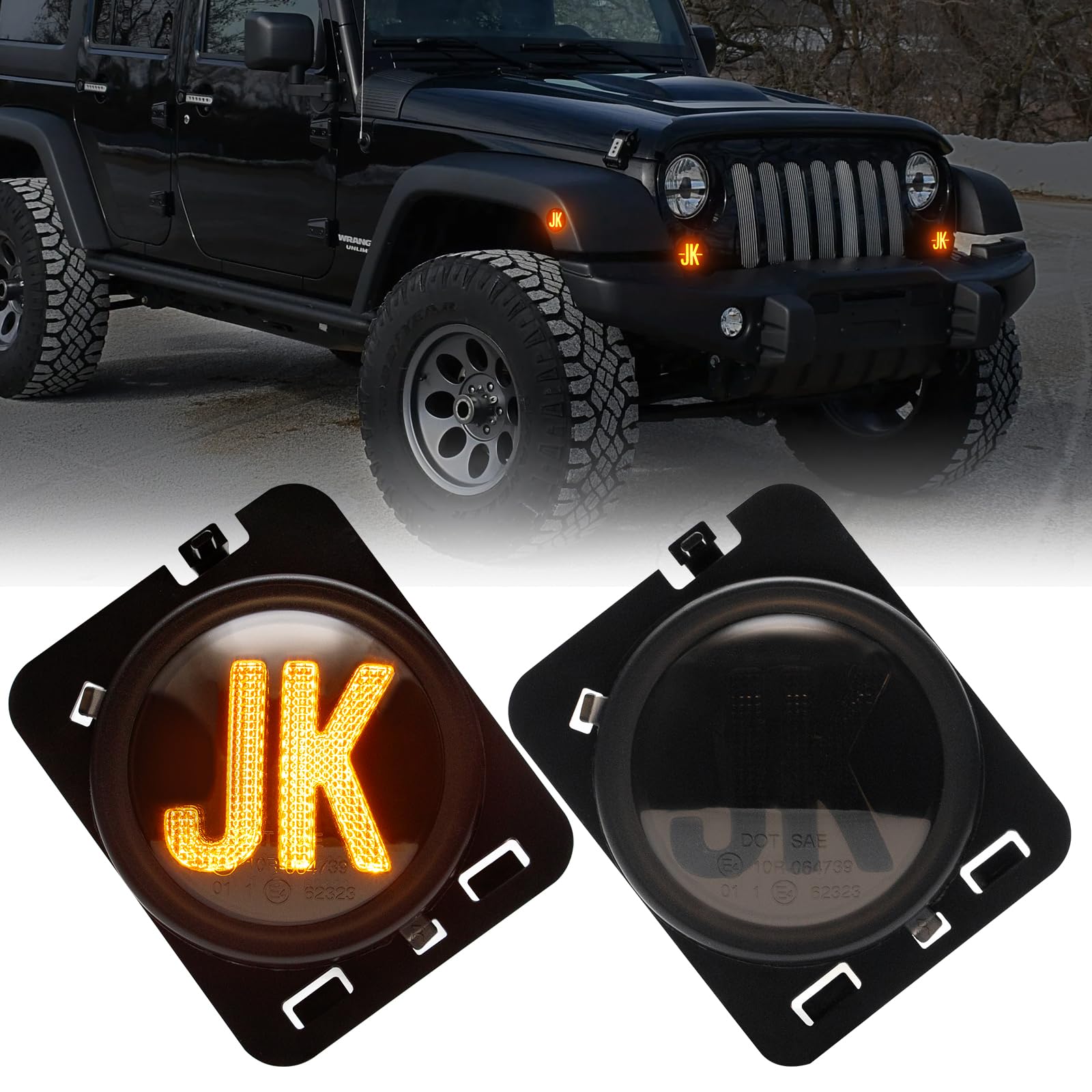 AUYICH LED Side Marker Lights Compatible with Wrangler JK 2007-2018, 2PCS Front Fender Indicator Parking Lights, for Wrangler JK Accessories (Smoked Len, Amber Light)