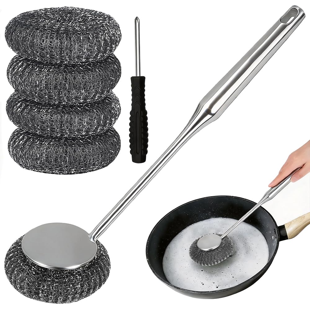 6Pcs Steel Wool Scrubber with Long Handle - Stainless Steel Scrub Brush Set for Scouring Stubborn Messes from Cast Iron Skillets, Grill &amp; Kitchen Pots (1 Scrubber + 4 Pads + 1 Screwdriver)