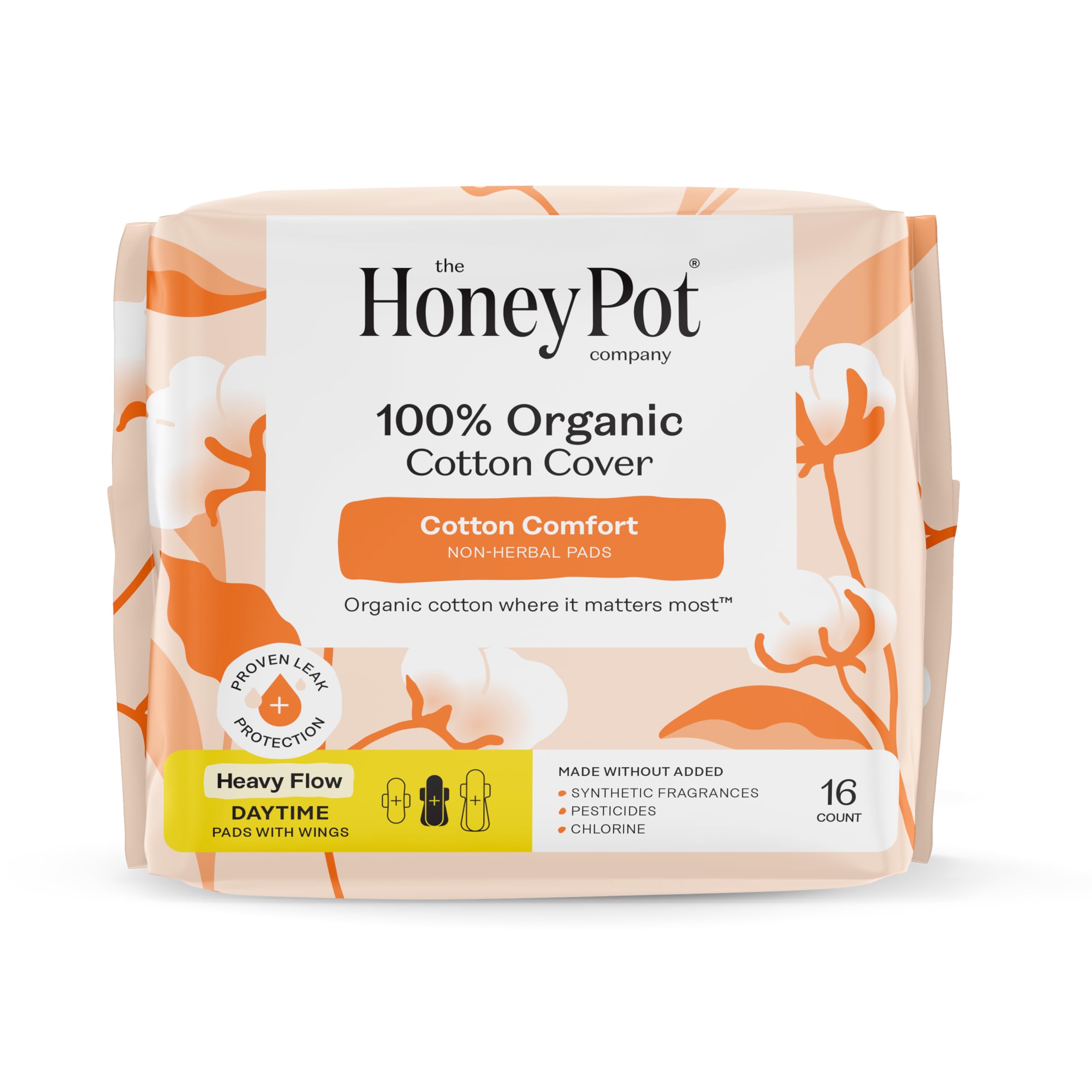 100% Organic Cotton Cover Heavy Flow Daytime Pads, 16 Count, The Honey Pot Company