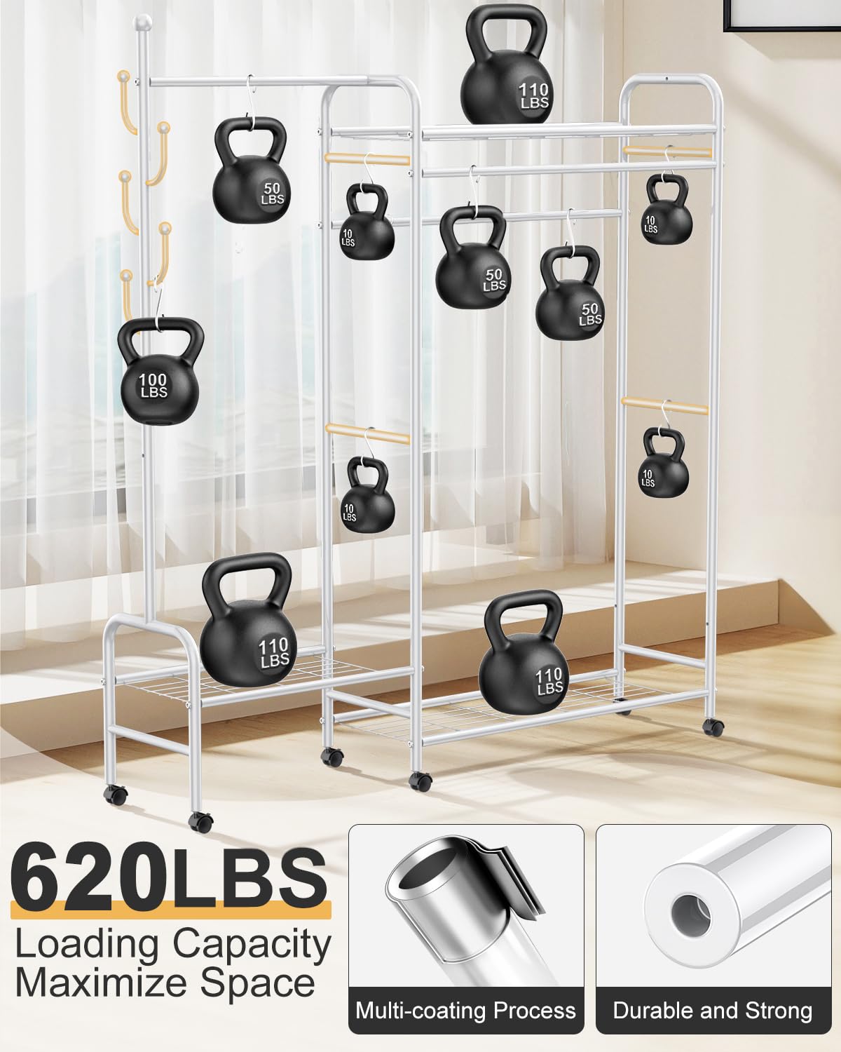 FYBEE 3-In-1 Clothes Racks For Hanging Clothes with Coat Rack, Heavy Duty Clothing Rack with Shelves Load 620Lbs, Portable Garment Racks with Lockable Wheels, Multi-Functional Closet Rack For Bedroom