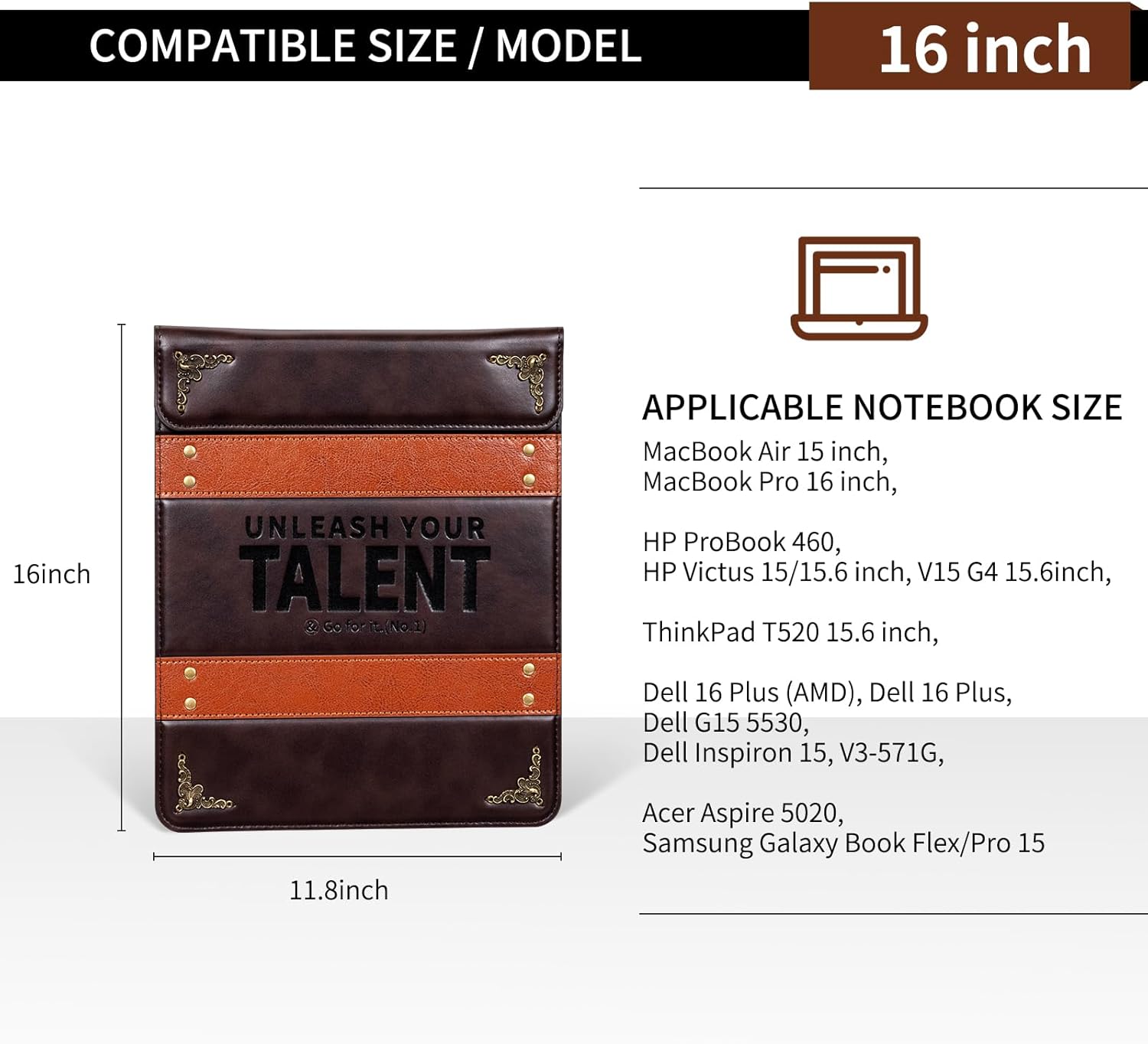 Laptop Sleeve 16 inch Compatible with MacBook Pro 16-inch M5 M4 M3 M2 M1 /MacBook Pro 15 inch/MacBook Air 15 inch Retina Vertical Slim Stylish Leather Computer Bag.YellowBrown