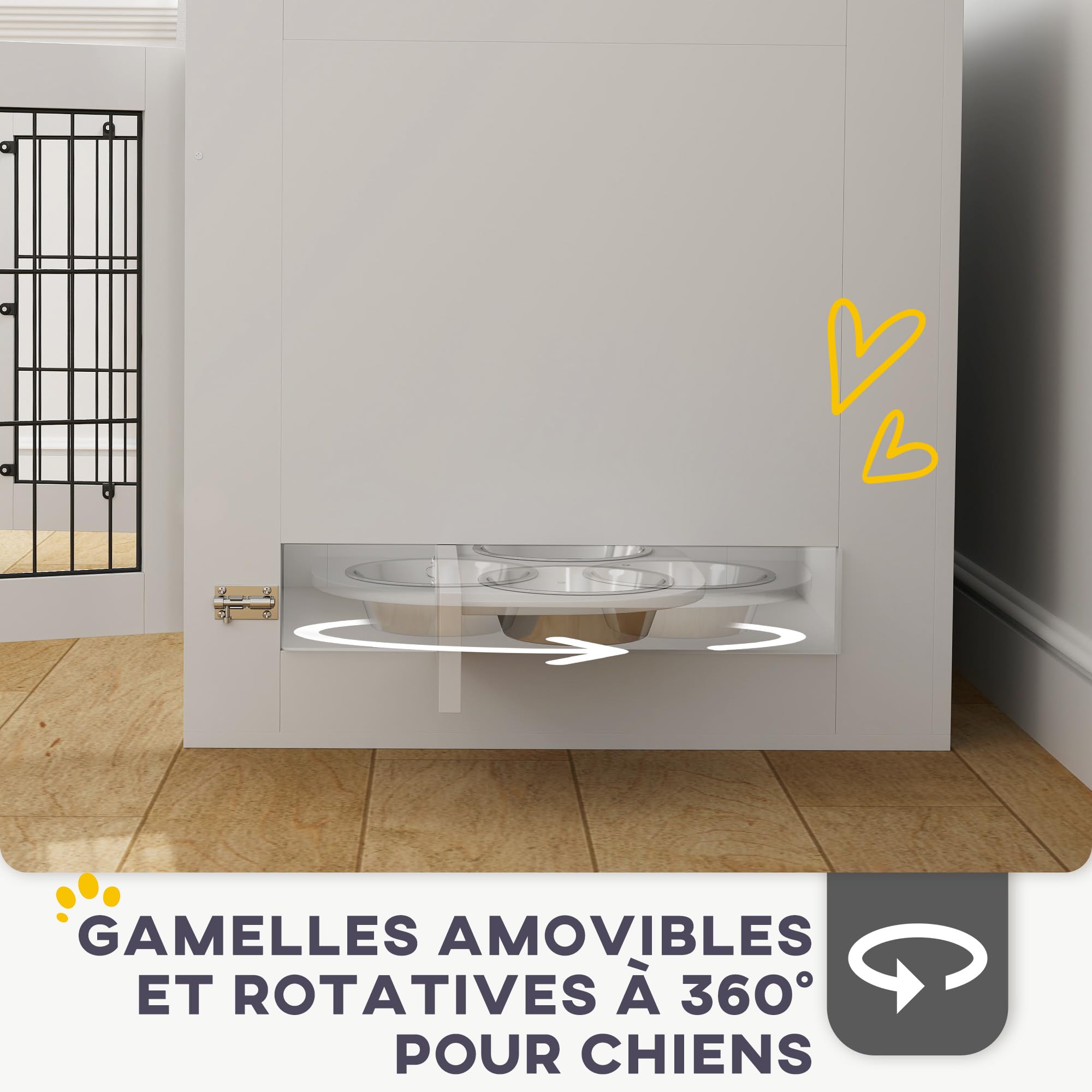 PawHut - Jaula para perro interior, caja para perro de madera, 2 cuencos giratorios 360°, 2 puertas, mesa auxiliar, tamaño mediano hasta 20 kg, 80 x 60 x 63 cm, color blanco
