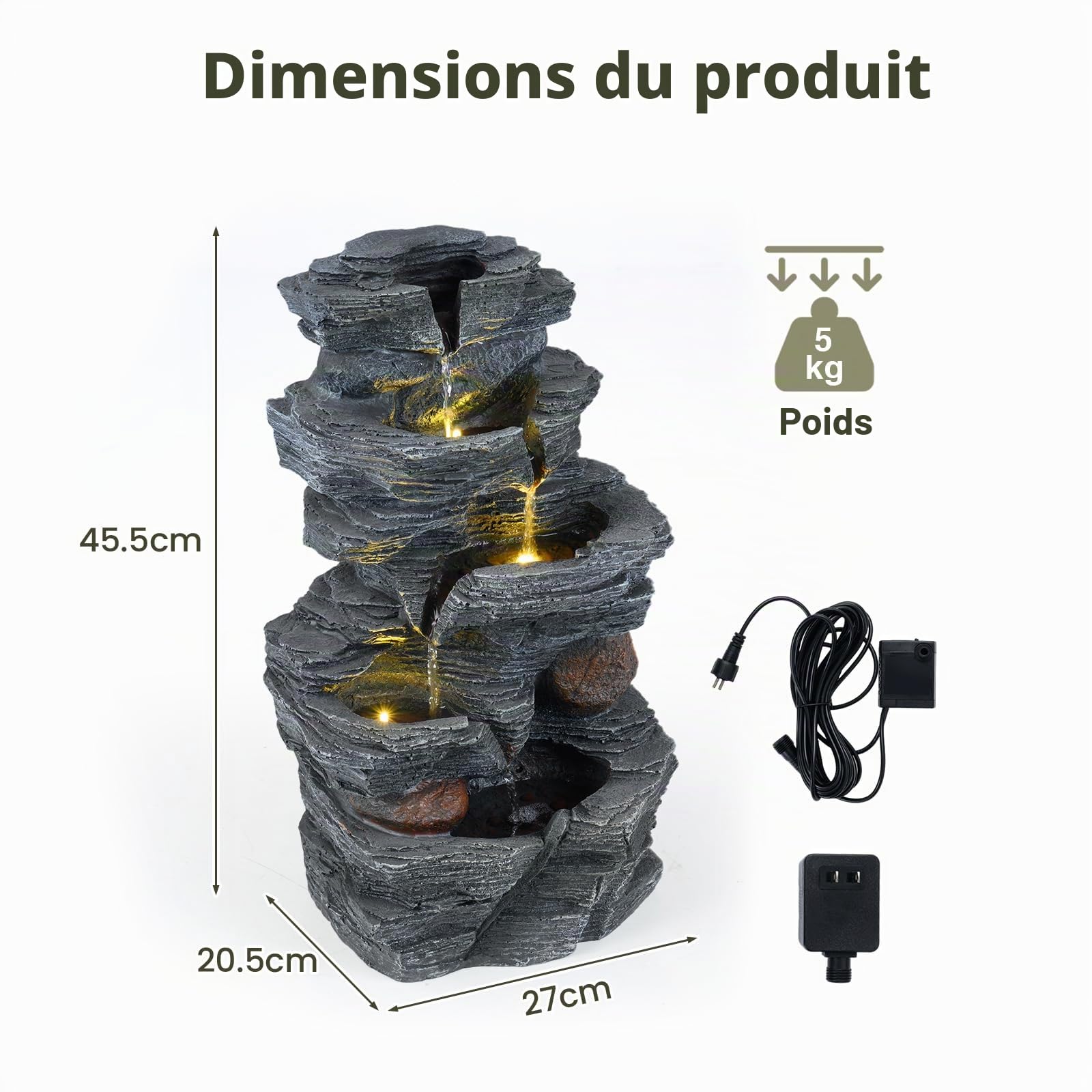 HOMASIS Fontaine d'Intérieur 45cm à 5 Niveaux avec Lumière LED et Pompe