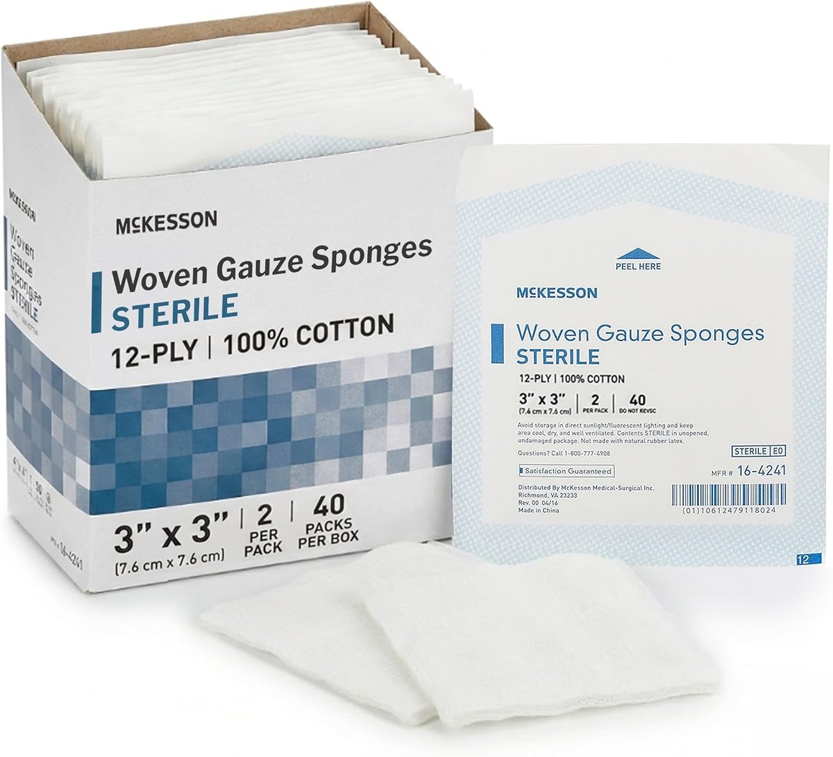 Sterile Woven Gauze Sponges 3x3, 80 ct | 12-Ply 100% Cotton Gauze Pads, individually Wrapped, Dressing & Packing