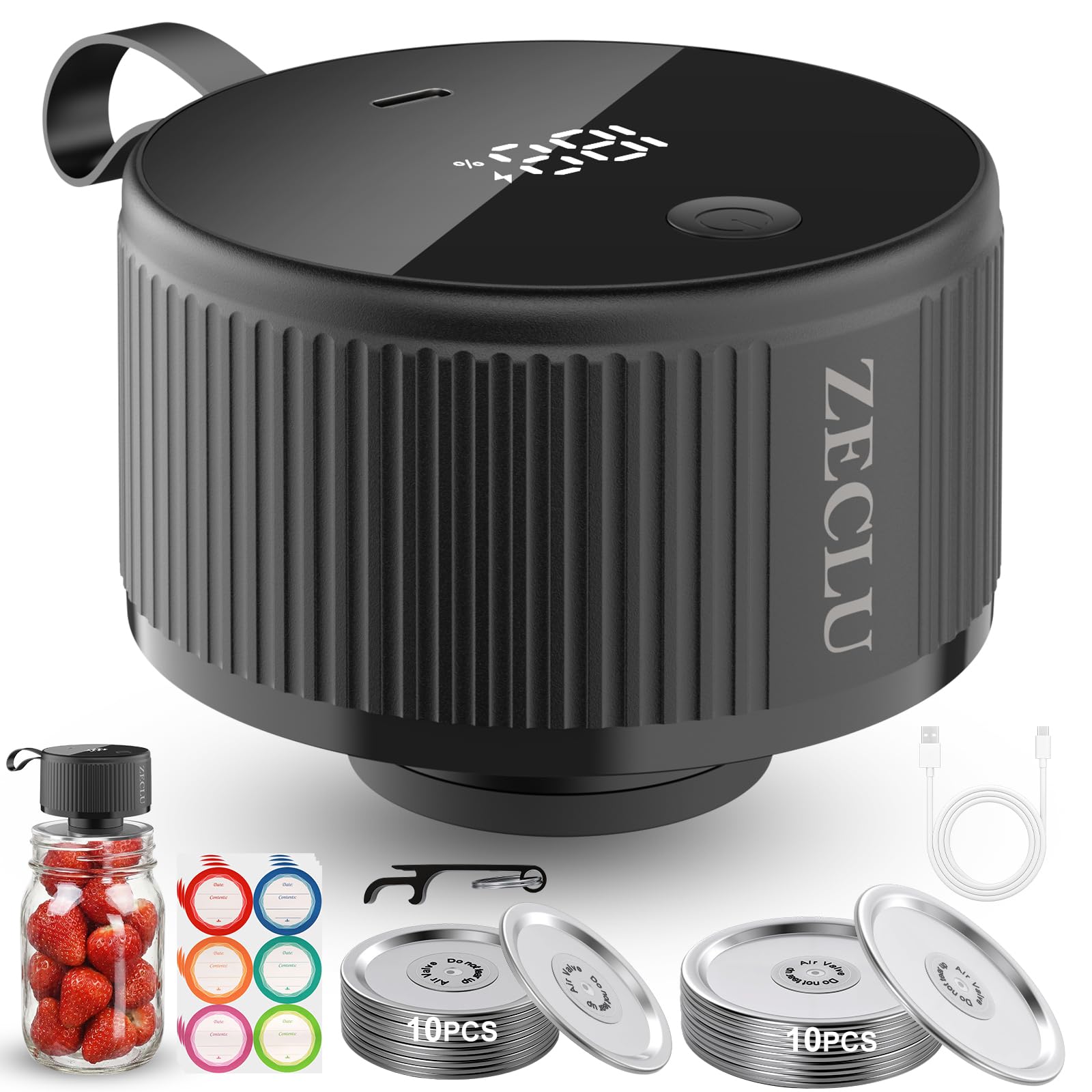 Electric Mason Jar Vacuum Sealer Kit, Automatic Jar Sealer for Wide and Regular Mouth Mason Jars, Portable Cordless Vacuum Sealer for Canning and Food Storage, Includes 20 Lids, 24 Labels, Black - 1
