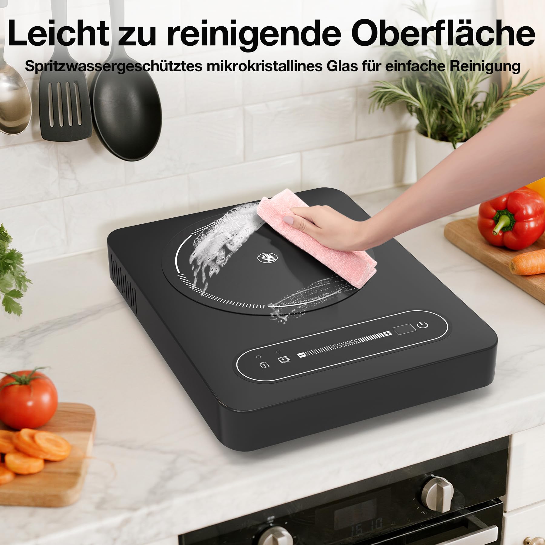Glaskeramikkochfeld 1 Platte, 2000W Elektrische Einzelkochplatte 36 cm 220-240V mit Touch-Schieberegler, Kindersicherung & Timer - Tragbares Infrarotkochfeld für Wohnmobil, Zimmer, Singleküche