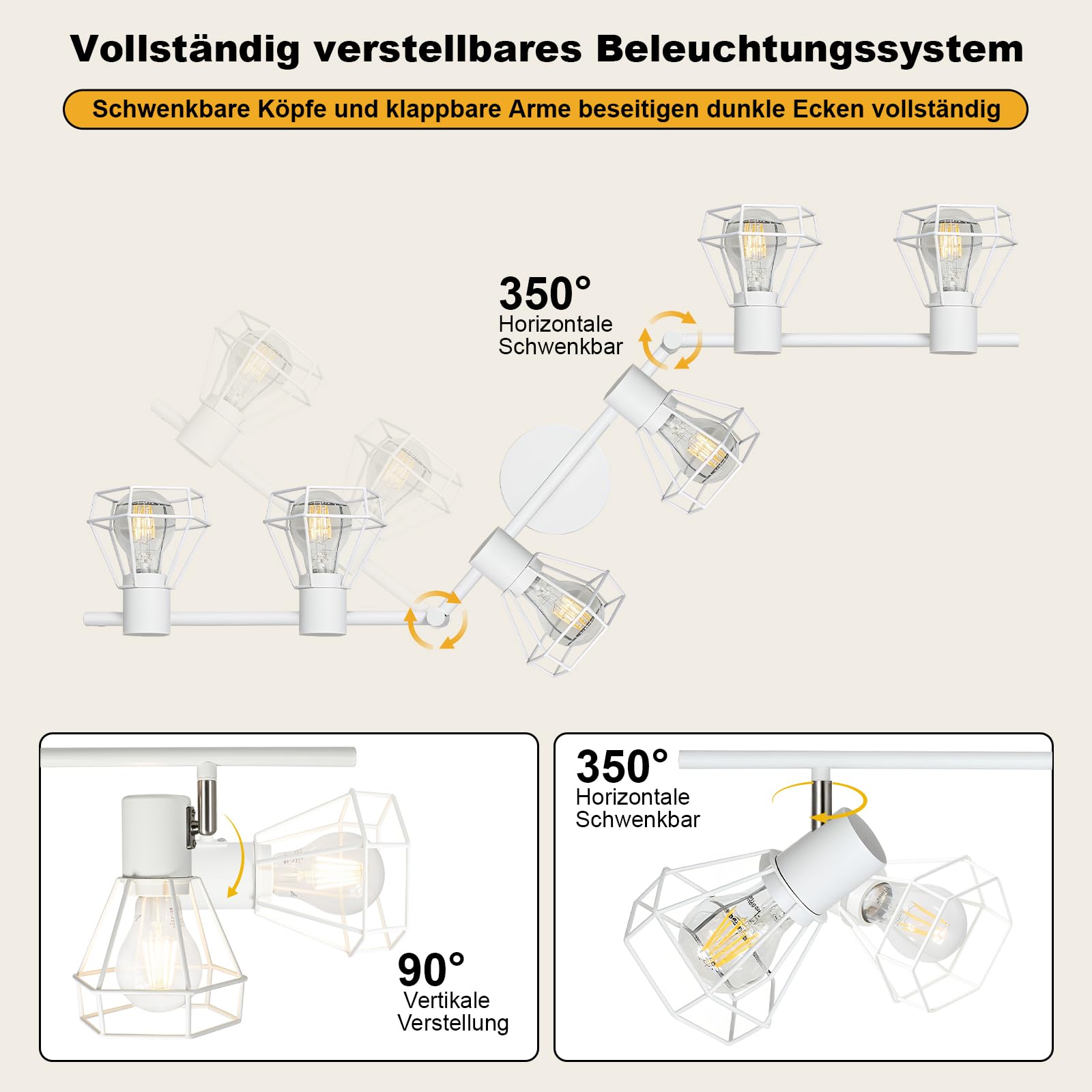 HiBay LED Deckenstrahler 6 Flammig E27 Deckenleuchte Wohnzimmer Weiß Modern Schwenkbar 350° Deckenbeleuchtung für Schlafzimmer Flur, max. 60 Watt Ohne Leuchtmittel | Schlafzimmerlampe 350° Drehbar Deckenbeleuchtung 230V Max. 60 Watt für Wohnzimmer Küche K