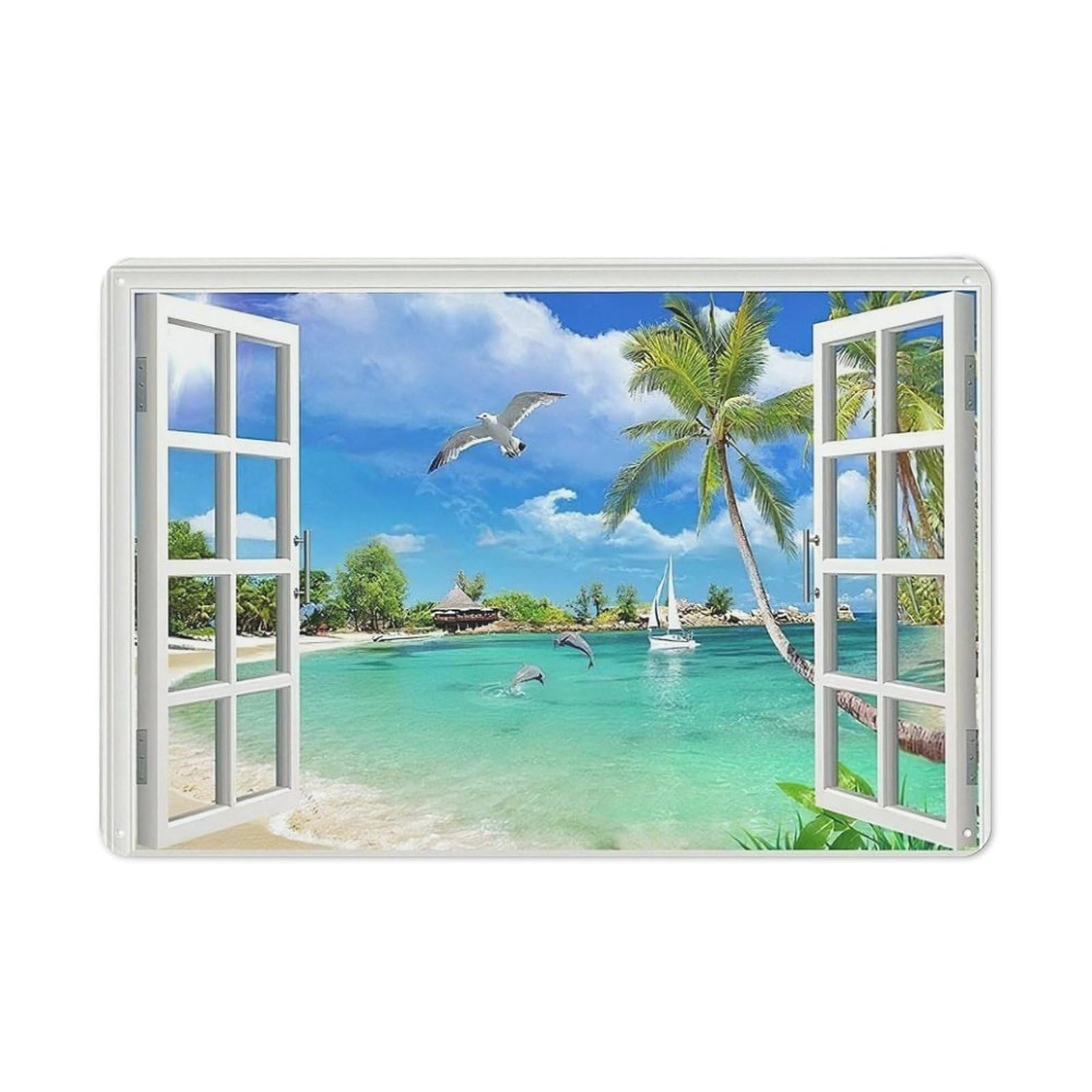 Acdoet Tin-10 Rustic Metal Tin Sign Window Beach Wall Art Seaside Seagull Pictures Wall Decor Sailing Boat Whale Painting Print Artwork Modern Home Decor For Living Room Bedroom Bathroom 8X12 Inch