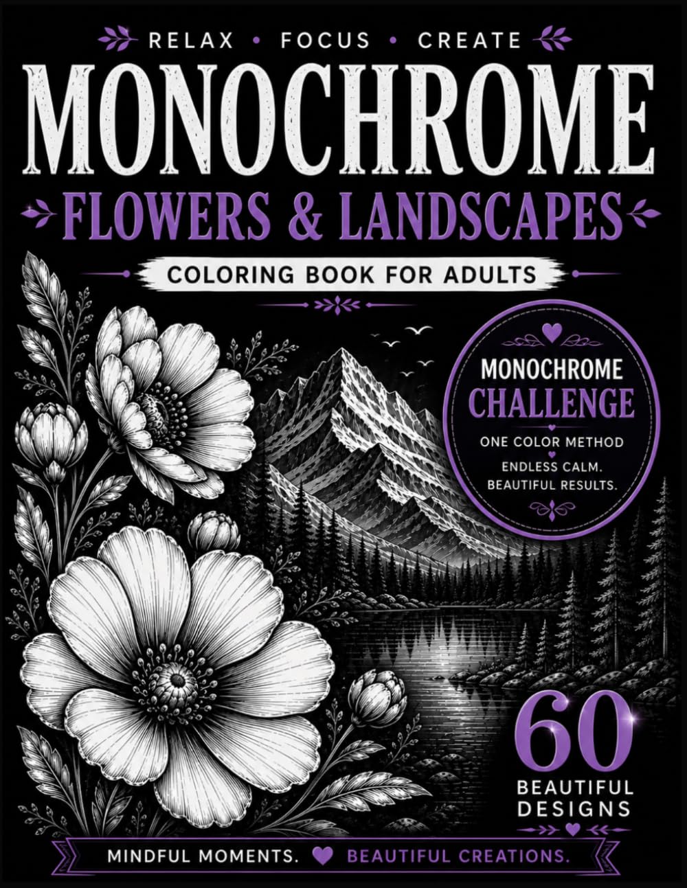 Monochrome Coloring Book for Adults: One Color Flowers and Scenic Landscapes for Peaceful Relaxation and Stress Relief