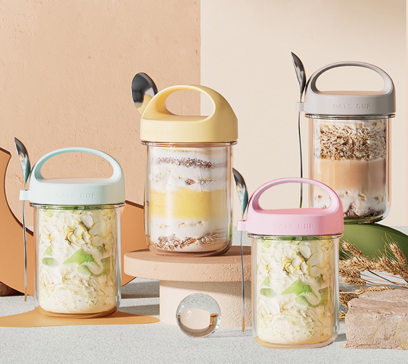 Pykrudo 4 PCS Overnight Oats Container with Lid and Spoon, 430ml overnight glasses, Cereal, Milk, Vegetable and Fruit Salad Storage Container with Measurement Marks