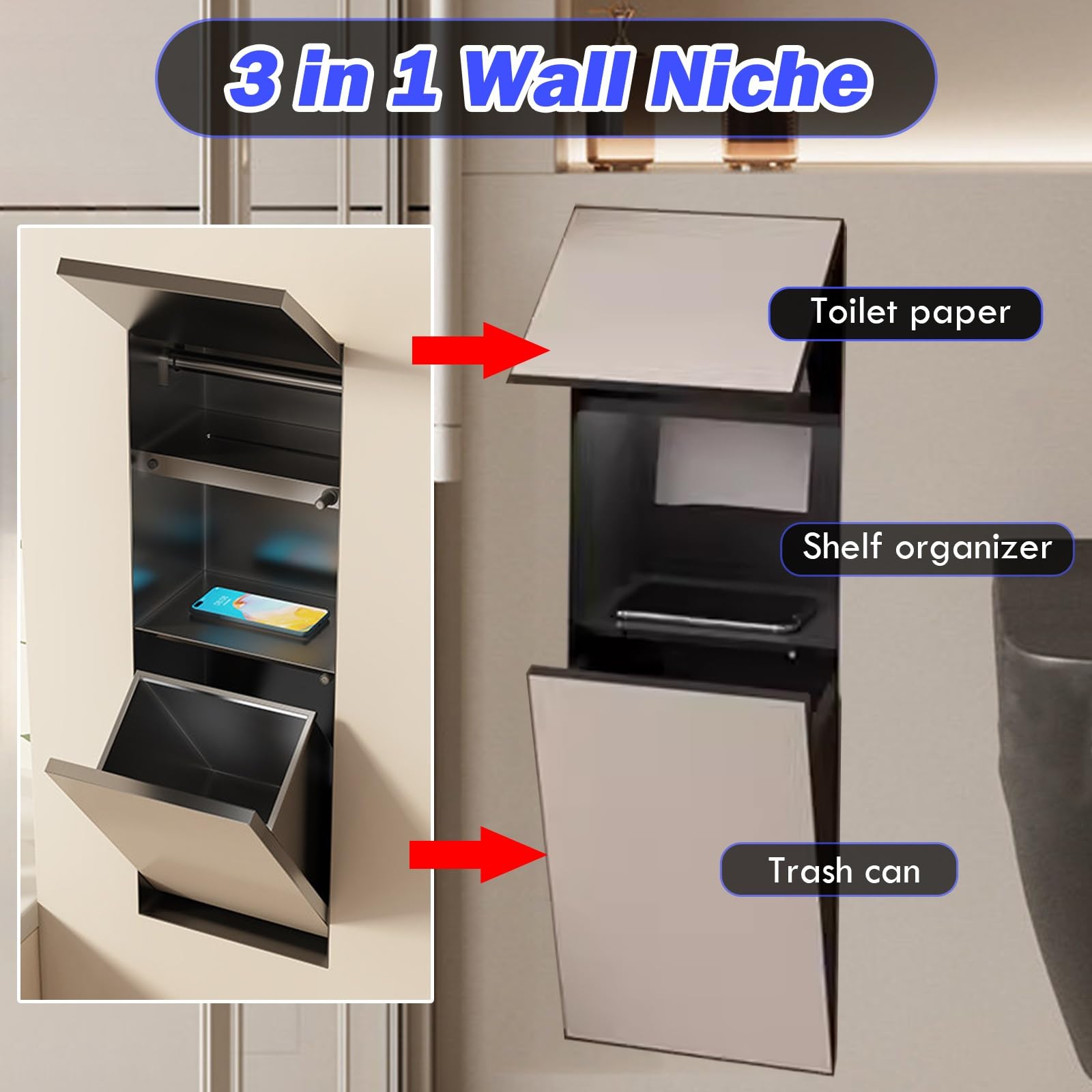 Soporte de papel higiénico empotrado con cubo de basura integrado, dispensador de pañuelos de baño montado en la pared para oficina, villa y baño público