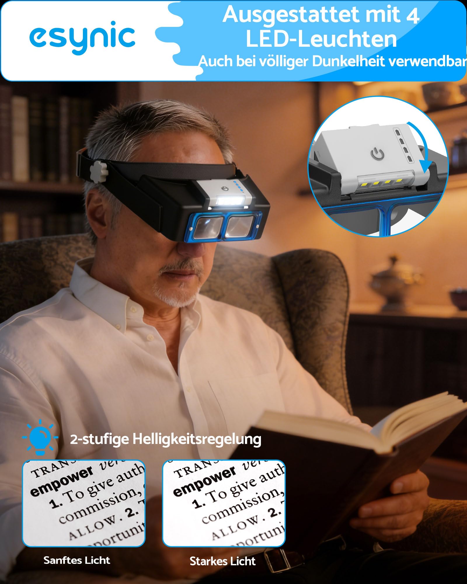 eSynic Stirnbandlupe mit LED Licht Stirnlampe Lupe 4 Wechsel-Linse 1.5X–3.5X Wiederaufladbar 300mAh Leselupe 2 Helligkeitsstufen Verstellbares Kopfband 48–58cm Kopflupe für Elektronik & Handarbeit