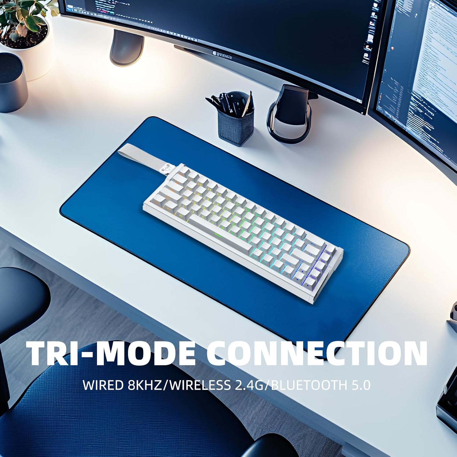 IROK MG68 Max keyboard on a desk, highlighting tri-mode connection