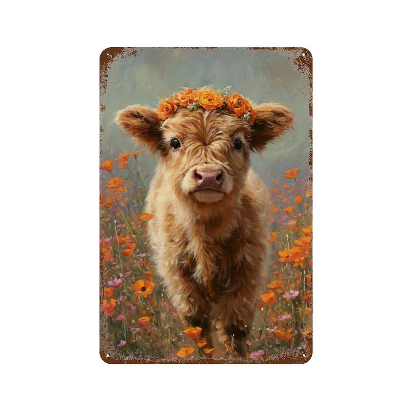 Floral Cow in Field -3 Rustic Tin Plaque 11.8"x7.9", for Pub, Kitchen And Man Cave Decor, Vintage Wall Decor
