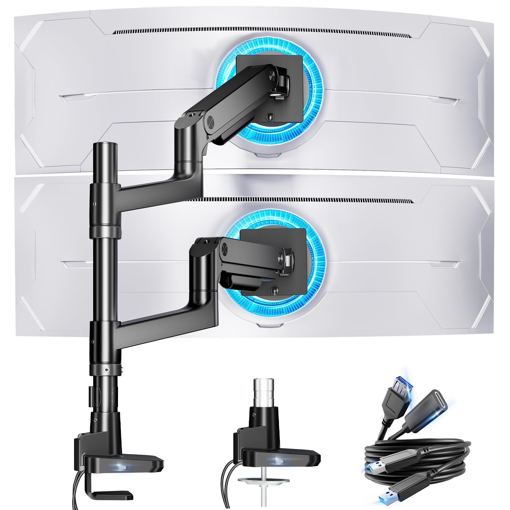 ARES WING Dual Monitor Arm for Ultrawide Heavy Duty Curved Monitor Stacking, Fits 17-49 Inch, Vertical Gas Spring Double Monitor Mount with USB, Adjustable Dual Monitor Mount for Desk, Black