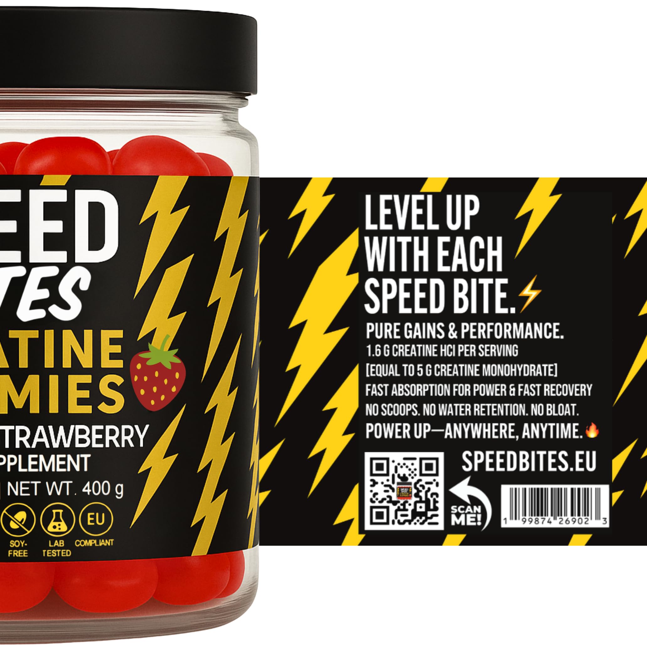 Kreatyna HCl Żelki – 1600 mg czystej Kreatyny HCl ≈ 5000 mg Monohydratu – Wegańskie, Bez Cukru, Wysoka Przyswajalność – Siła, Energia & Regeneracja – Produkcja UE – 120 Żelków