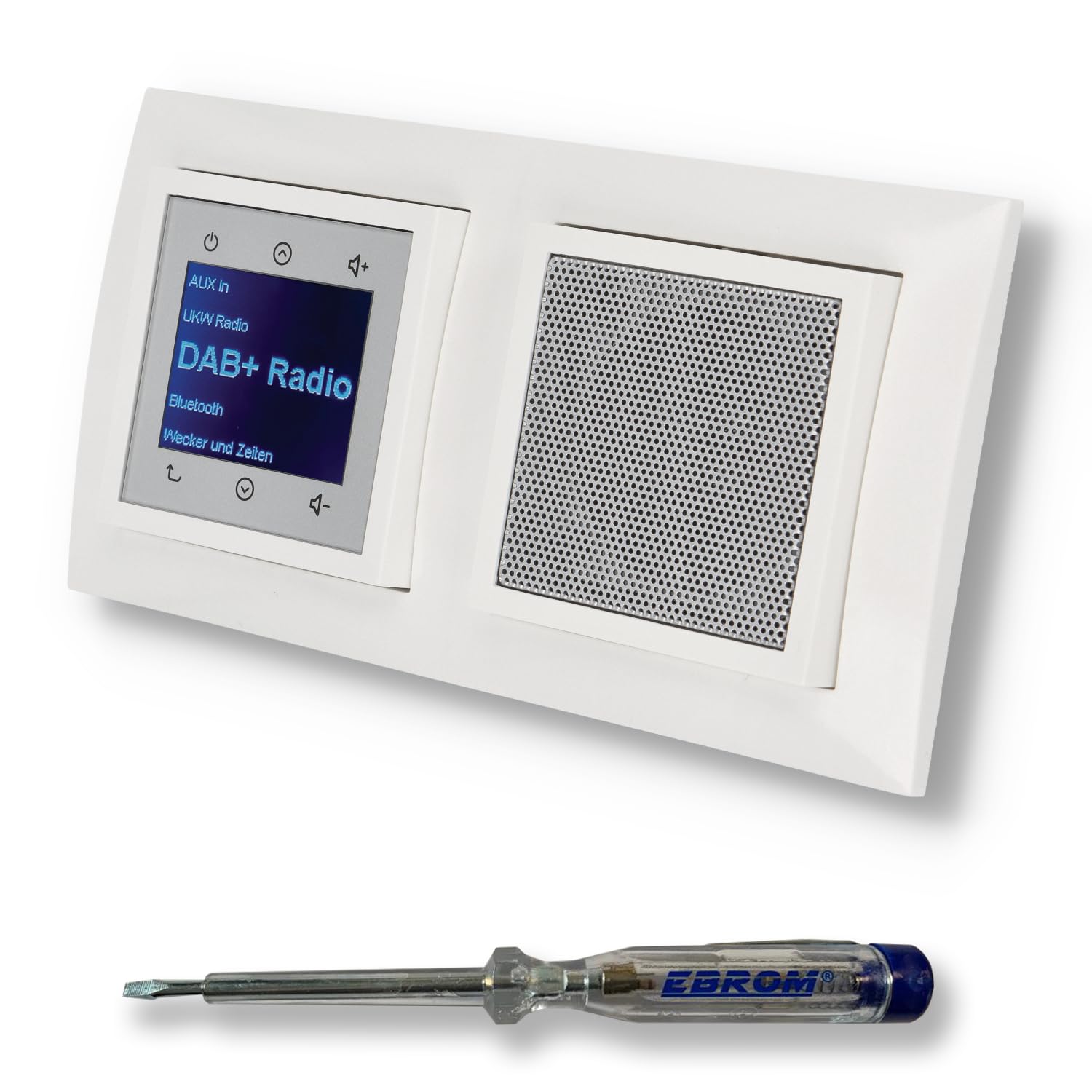 BERKER Unterputz DAB+ und Bluetooth Radio 30848989 mit Lautsprecher polarweiß glänzend mit 2fach Rahmen Berker 10128989 inkl. EBROM Phasenprüfer zur Montage der Geräte