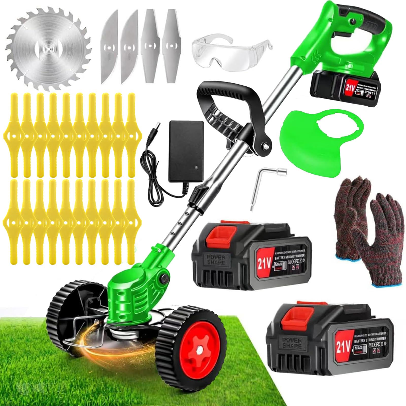 Débroussailleuse Sans Fil 21V 4000mAh - Coupe-Bordure Électrique Avec 2 Batteries, Chargeur Rapide, 3 Lames Et Roues - Léger, Silencieux Pour Jardin, Pelouse Et Arbustes