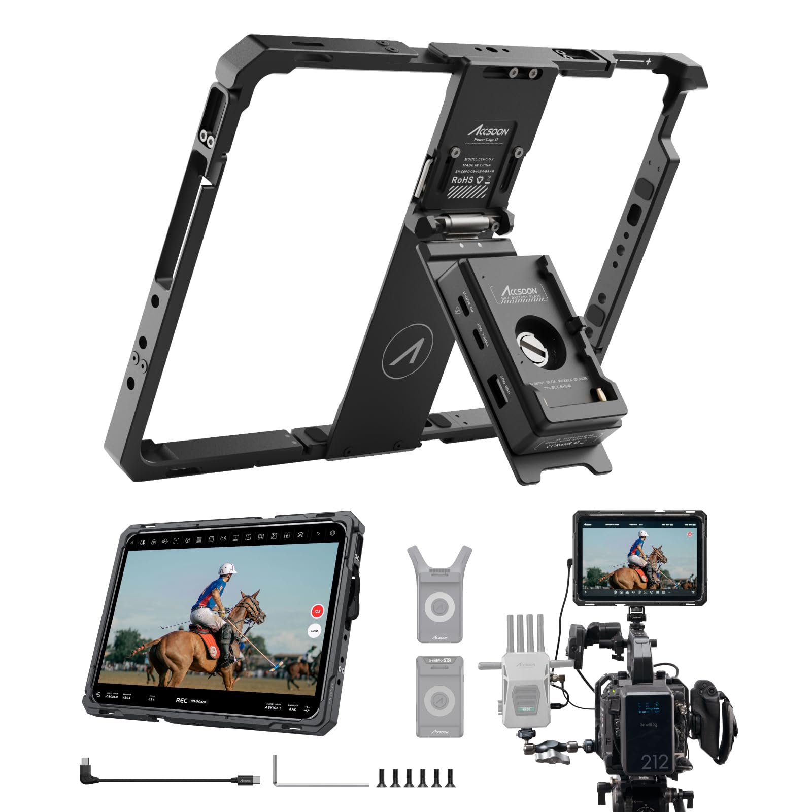 Accsoon PowerCage ProⅡ Monitor Cage for 13 inch M4/M5 2024/2025 Pro Gen 3,4,5,6(2018/20/21/22)&amp; 13''Air 6/7 with NP-F Battery Plate Adapter for SeeMo 4K/CineView HE/SE/Master 4K for Video Monitoring