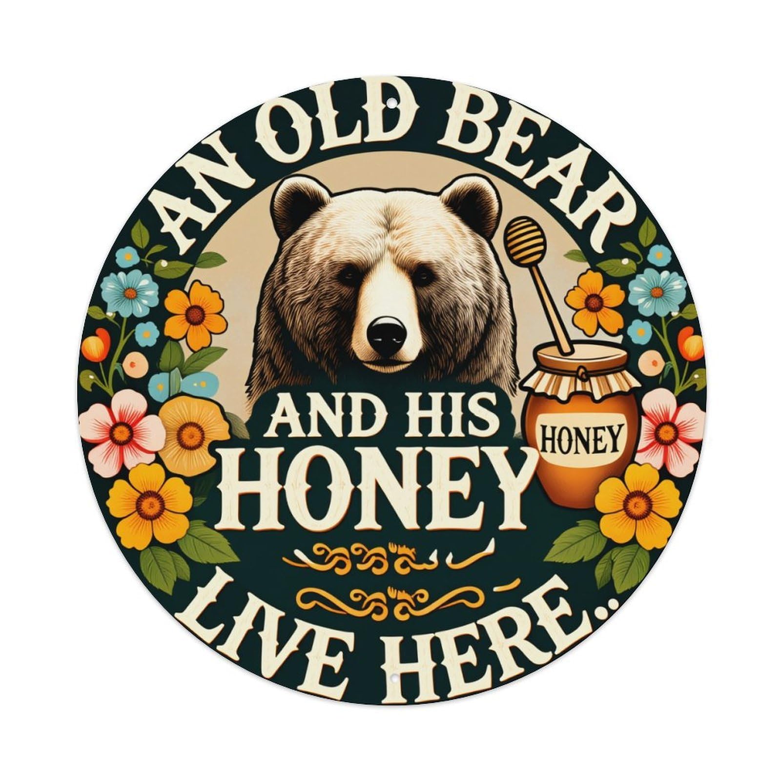 Bear Honey Flowers Jar Text Round Tin Sign Vintage Metal Poster, Home Bar Garage Man Cave Cafe Indoor & Outdoor Wall Decoration 8x8Inches