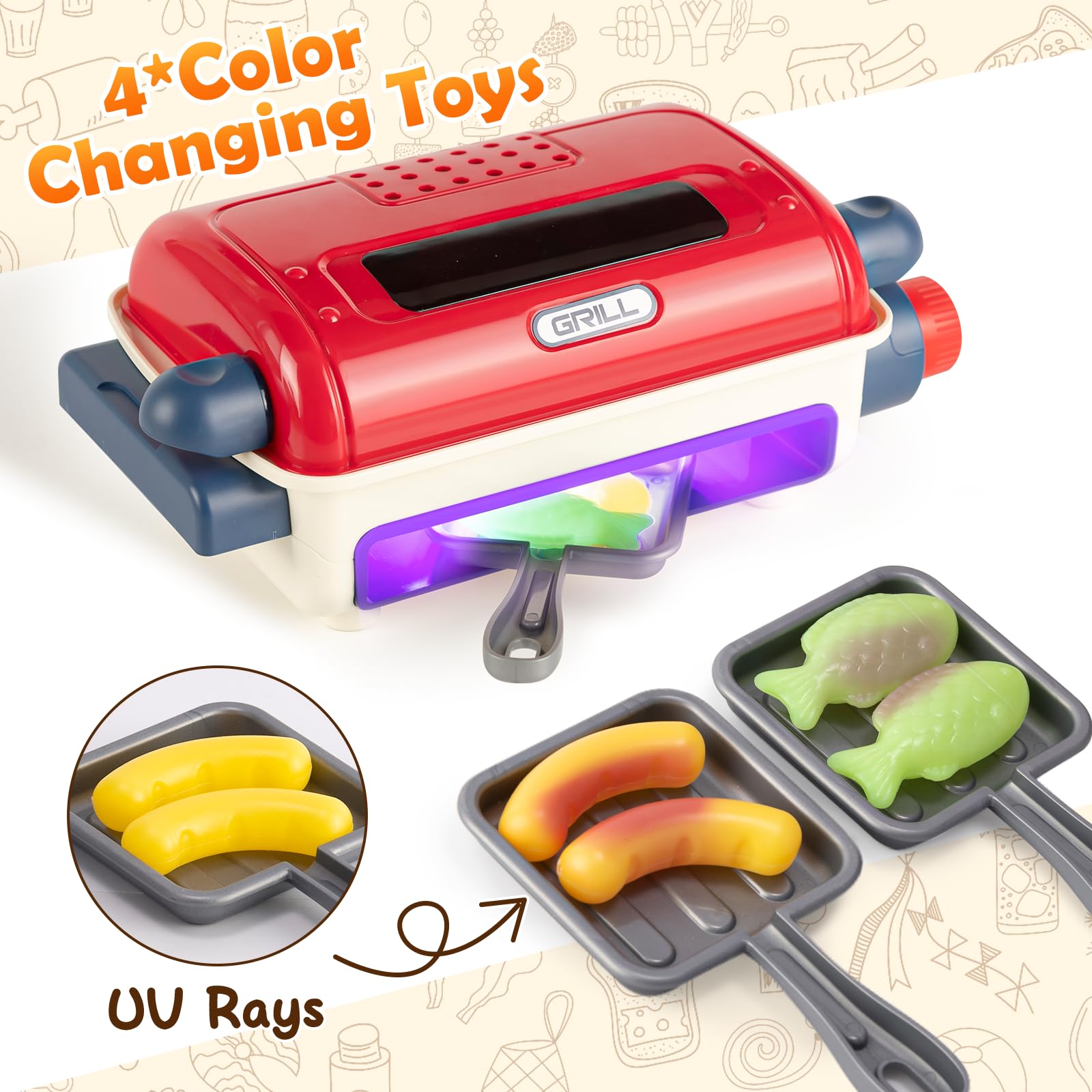 TUZT 48-Piece Kids BBQ Grill Playset with Lights & Sounds, Spray Food, Role Play Kitchen Accessories, Children's Kitchen Toys, Gift for Boys & Girls Ages 3-6+