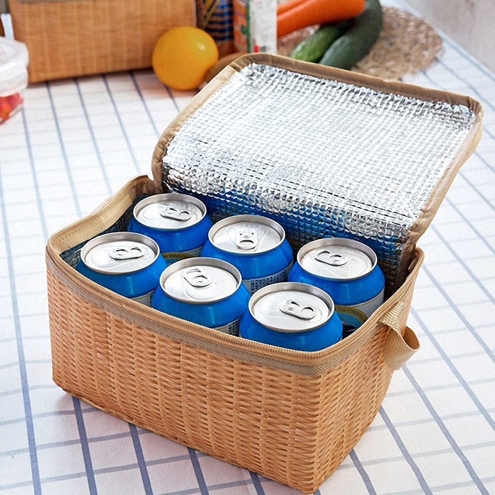 Borsa da Picnic all'aperto in Rattan di Vimini Portatile Stoviglie Impermeabili Cestino per contenitori per Alimenti con Isolamento Termico per Picnic da Campeggio