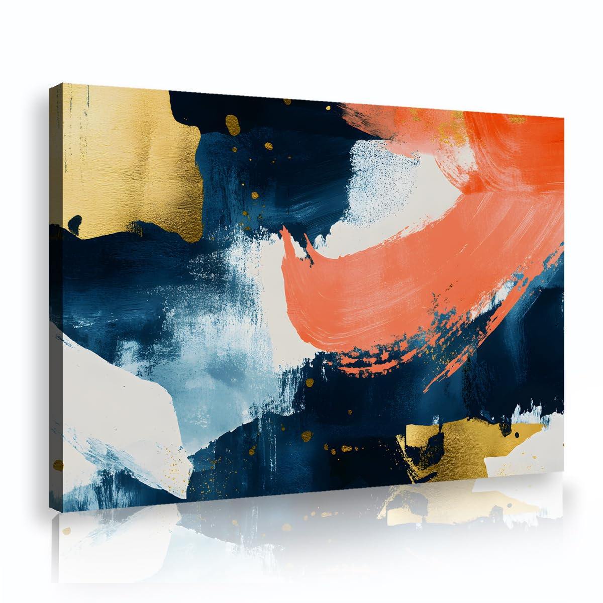 TOANGWALL Navy Orange Canvas Wall Art Gold Abstract Painting Modern Contemporary Framed Art Print Luxury Poster Mural Pictures For Living Room Bedroom Kitchen Decor 75x115cm