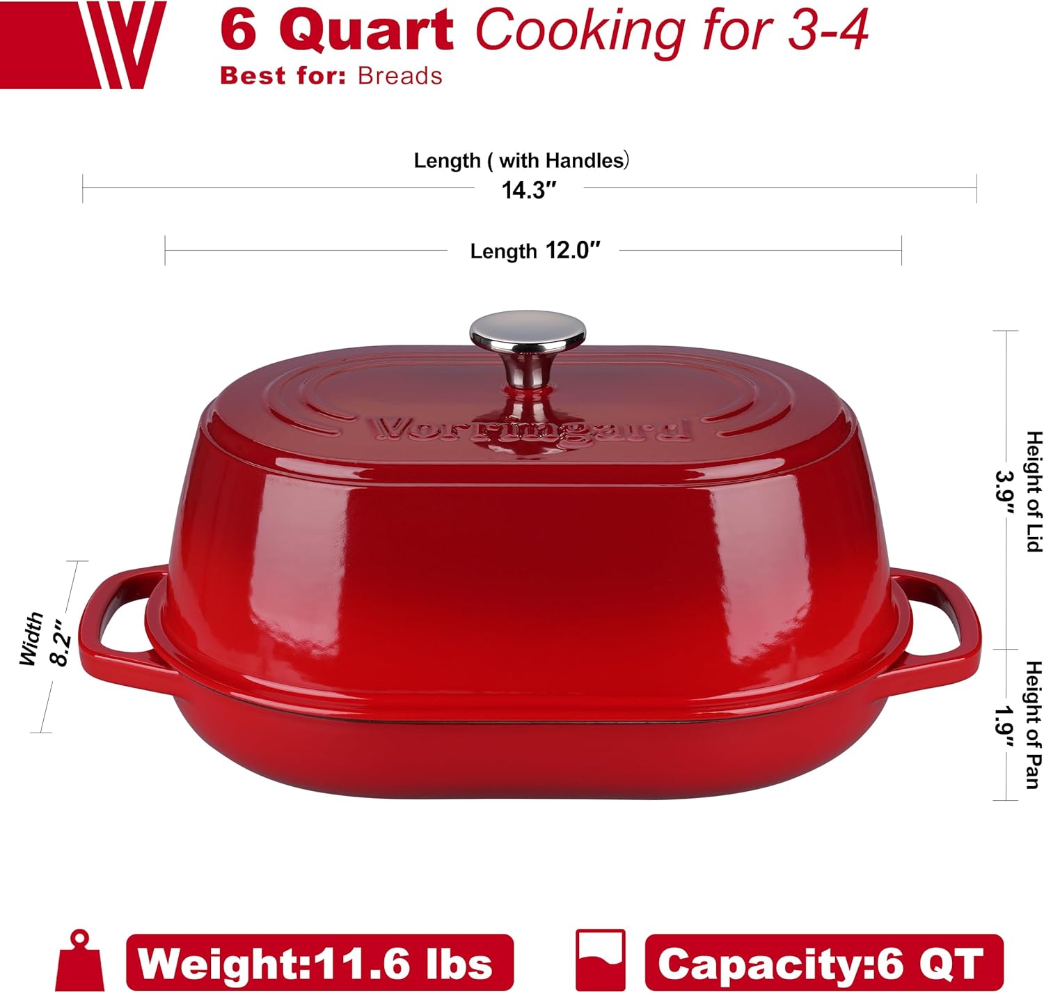 Enameled Cast Iron Dutch Oven Pot with Dome Lid, Oval Bread Oven for Homemade Sourdough Bread Baking, Oven Safe up to 500°F, 6 Quart, Red - Image 2