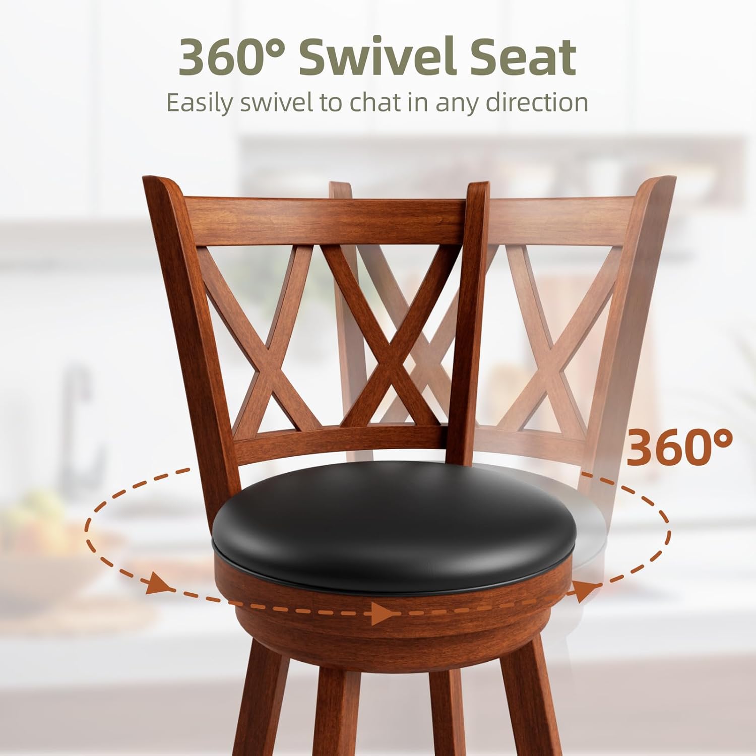 Swivel Bar Stools Set of 2, Farmhouse 30" Counter Height Barstools with Carved Backs, Upholstered Bar Chair with Solid Wood Legs & Footrest for Kitchen Island, Home Bar, Pub. Rustic Brown