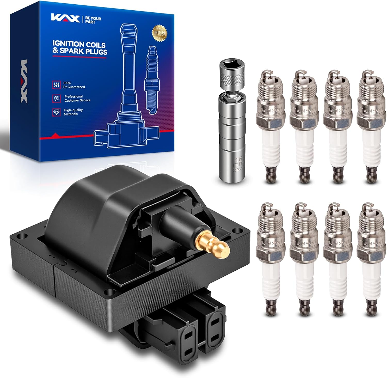 KAX DR37 Ignition Coil + 8 Iridium Spark Plugs Kit with Tool for Chevy GMC C/K1500-3500 S10 Blazer Astro Safari