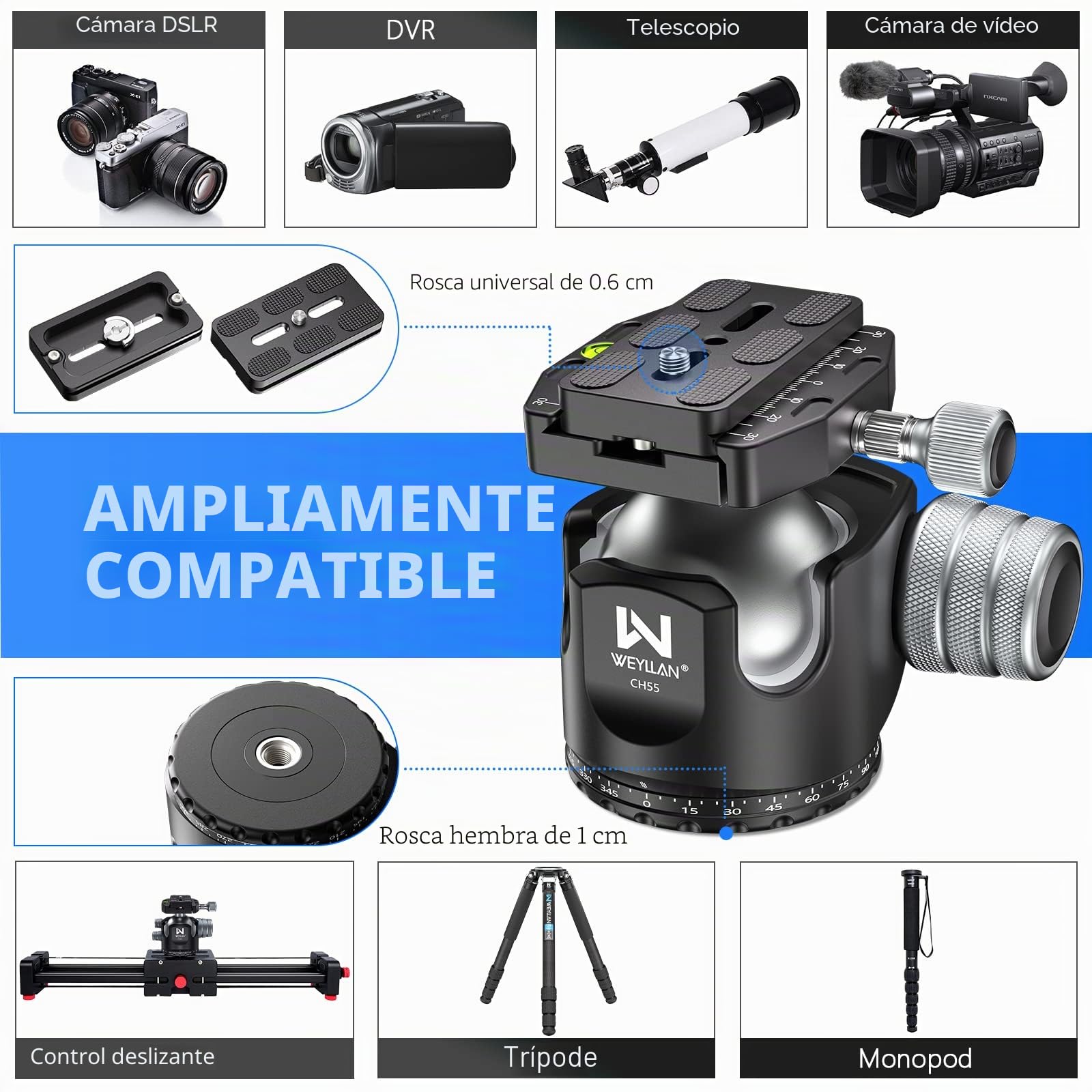 WEYLLAN CH55 cabeça de Bola de tripé, 55mm cabeça de tripé de Metal | 55mm cabeça de tripé, com placa de desbloqueio rápido Arca Swiss, para tripé, DSLR, câmara de vídeo, cámara,carga máxima 40kg
