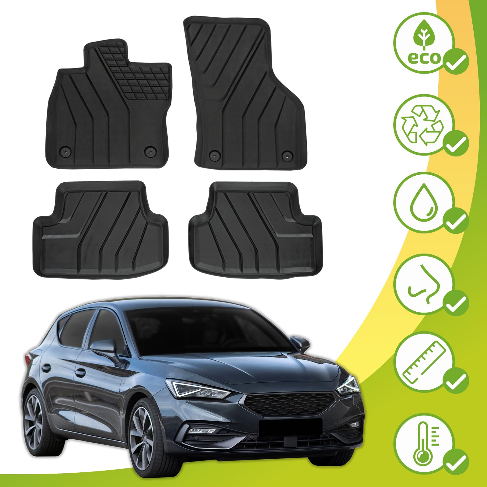 J&J AUTOMOTIVE 3D Eco Tapis de Sol en Caoutchouc pour Seat Leon 2012-2019, 4 Pcs, Bord Haut, sans Odeur, Noir, Antidérapant, Toutes Saisons