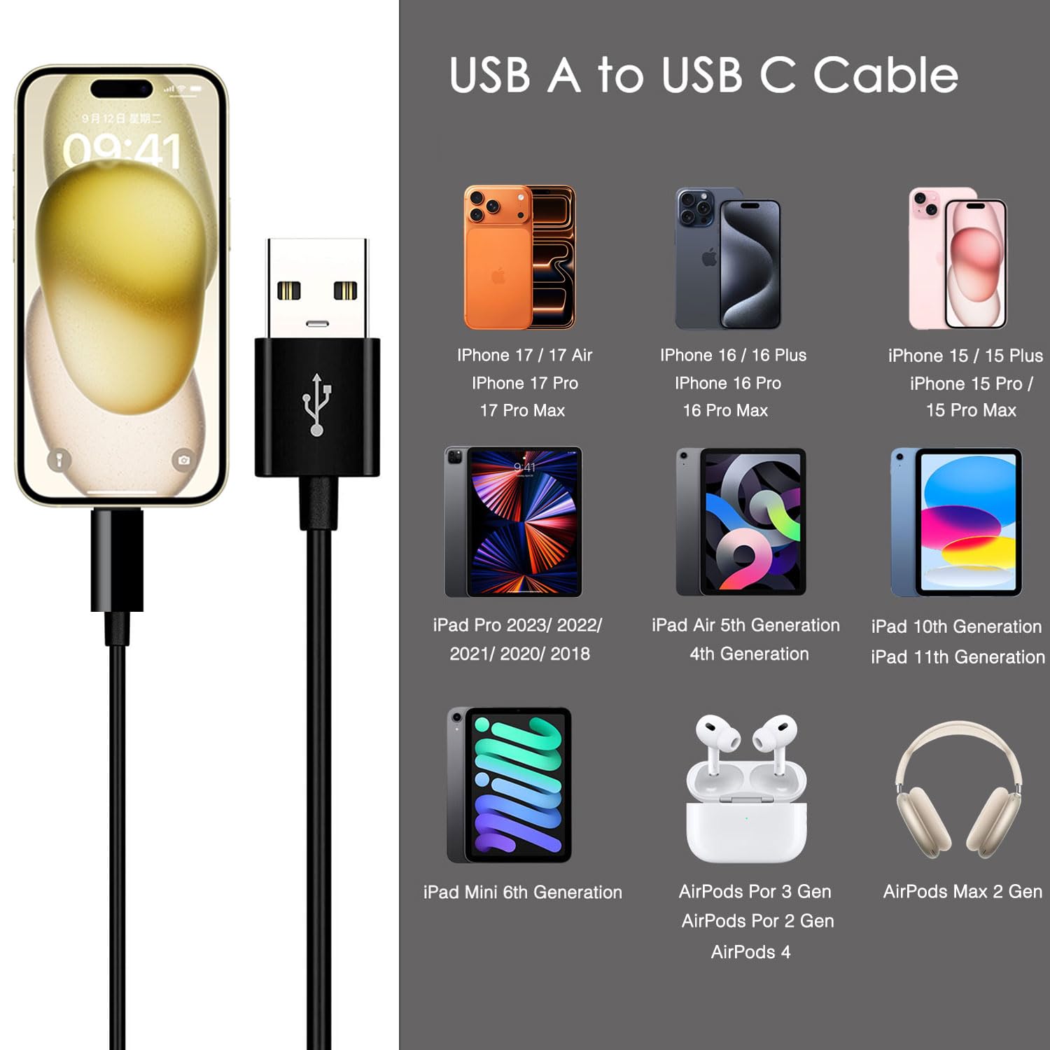 iphone 15/16/17 car carplay cable, usb a to usb c cable for iphone 17air, 17e/16e, 15/16/17 pro max, plus,ipad 10th gen,ipad pro 12.9/11, air 5th/4th gen,mini 6th gen charger cord,car charging cable 3.3ft usb a to usb c (for 17/16/15) black