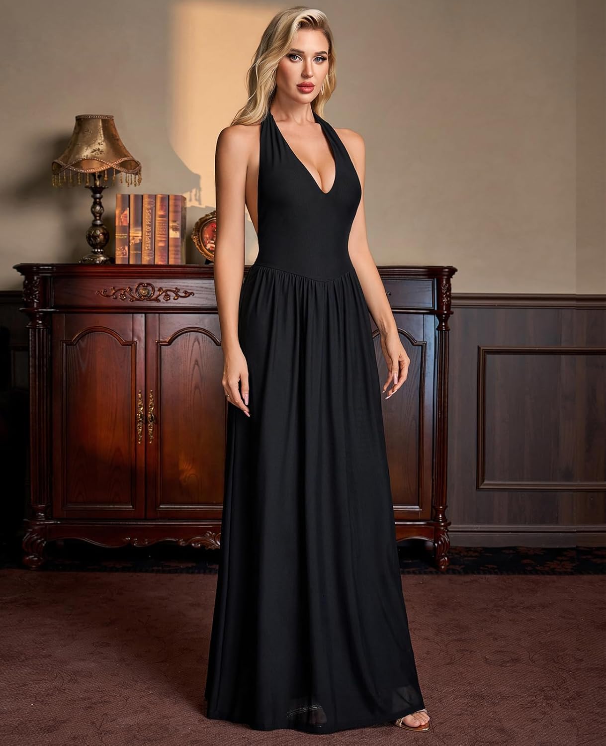 XinFSh Women's Summer Floral Halter Tie Wedding Guest Maxi Dress Sexy V Neck Backless Bodycon Mesh Long Cocktail Dresses - Image 4